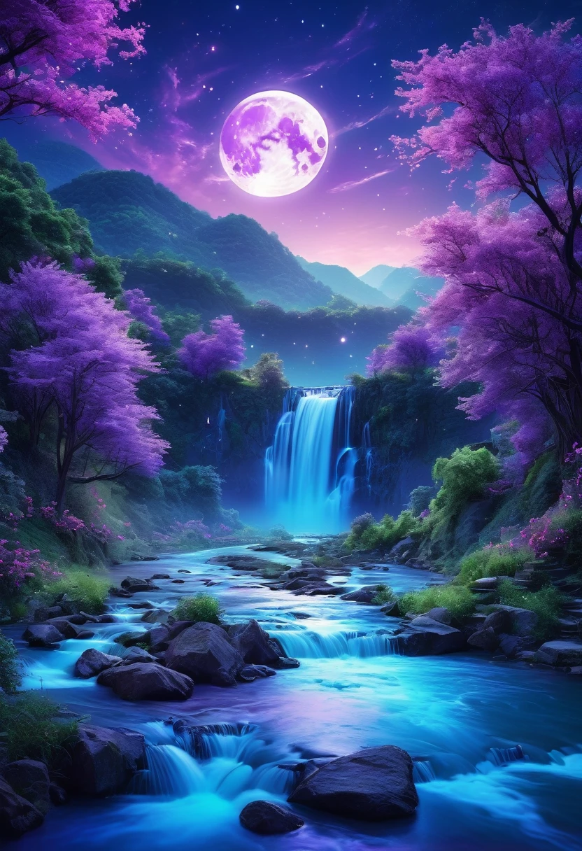 scenery scene, river in the middle, dreamy night sky, purple and blue night sky, full moon, moonlight on the river, moonlight in the sky, waterfall flowing down, Trees on both sides of the road along the river., Sparks, fairy tale, Wonderland, bright, Girly, swirl style 