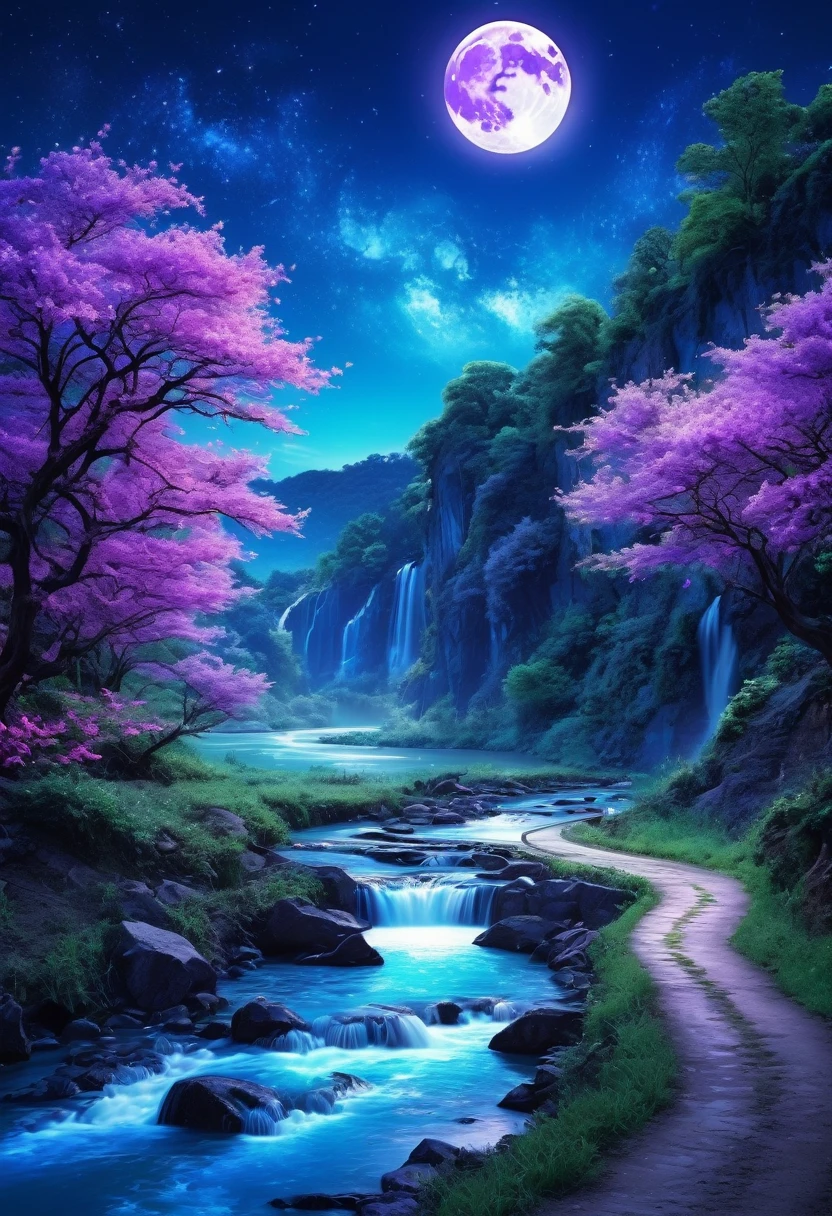 scenery scene, river in the middle, dreamy night sky, purple and blue night sky, full moon, moonlight on the river, moonlight in the sky, waterfall flowing down, Trees on both sides of the road along the river., Sparks, fairy tale, Wonderland, bright, Girly, swirl style 