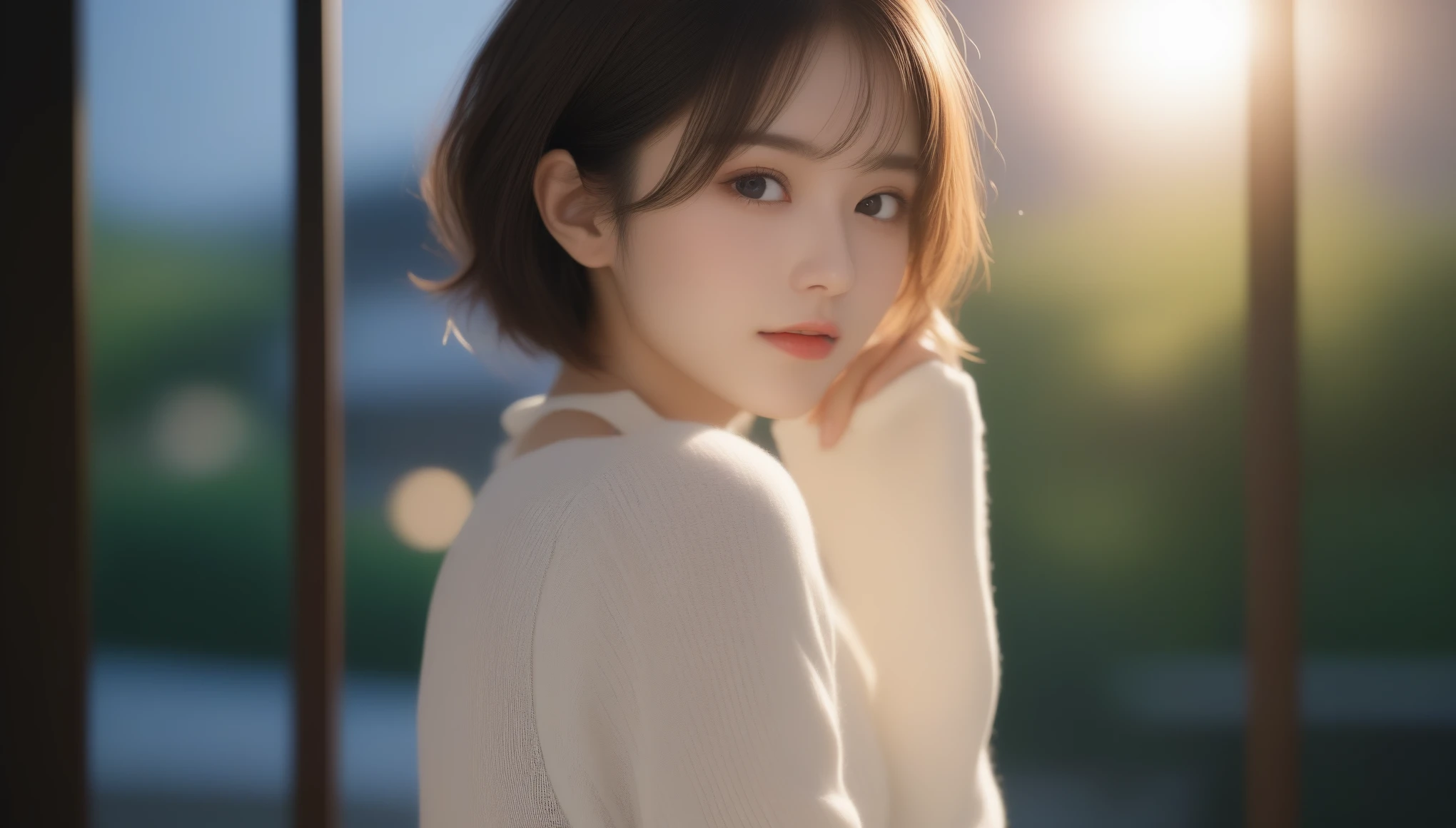 8K, 超High resolution, highest quality, masterpiece, Surreal, photograph,Three-part method, 1 girl, (:1.3), pretty girl, Cute face, Beautiful eyes in every detail,Japan Female Announcer,(masterpiece, highest quality, 非常にdetailedな, Best Shadow:1.2), High resolution, ((Cinematic Light)), Hyper Detail, Dramatic Light, 複雑なdetailed, Dynamic Angle, (非常にdetailedな CG ユニティ 8k 壁紙:1.2), Shyness, ((masterpiece)), (非常にdetailedな), (非常にdetailedなUnity 8k壁紙), (Realistic Skin), (リアルなphotograph, Realistic, photographのようにリアル), Beautiful Japanese Women, (Knit dress:1.4), Beautiful Hair,Brown Hair, short hair,Beautiful Face, Delicate and beautiful eyes, smile,Beautiful feet, See through,Cowboy Shot、((Thin legs))、Bold Pose,super cute super model、Please look closely at the camera 、Vivid details、detailed、Surreal、Light and shadow,Strong light,Fashion magazine cover,Thin lips