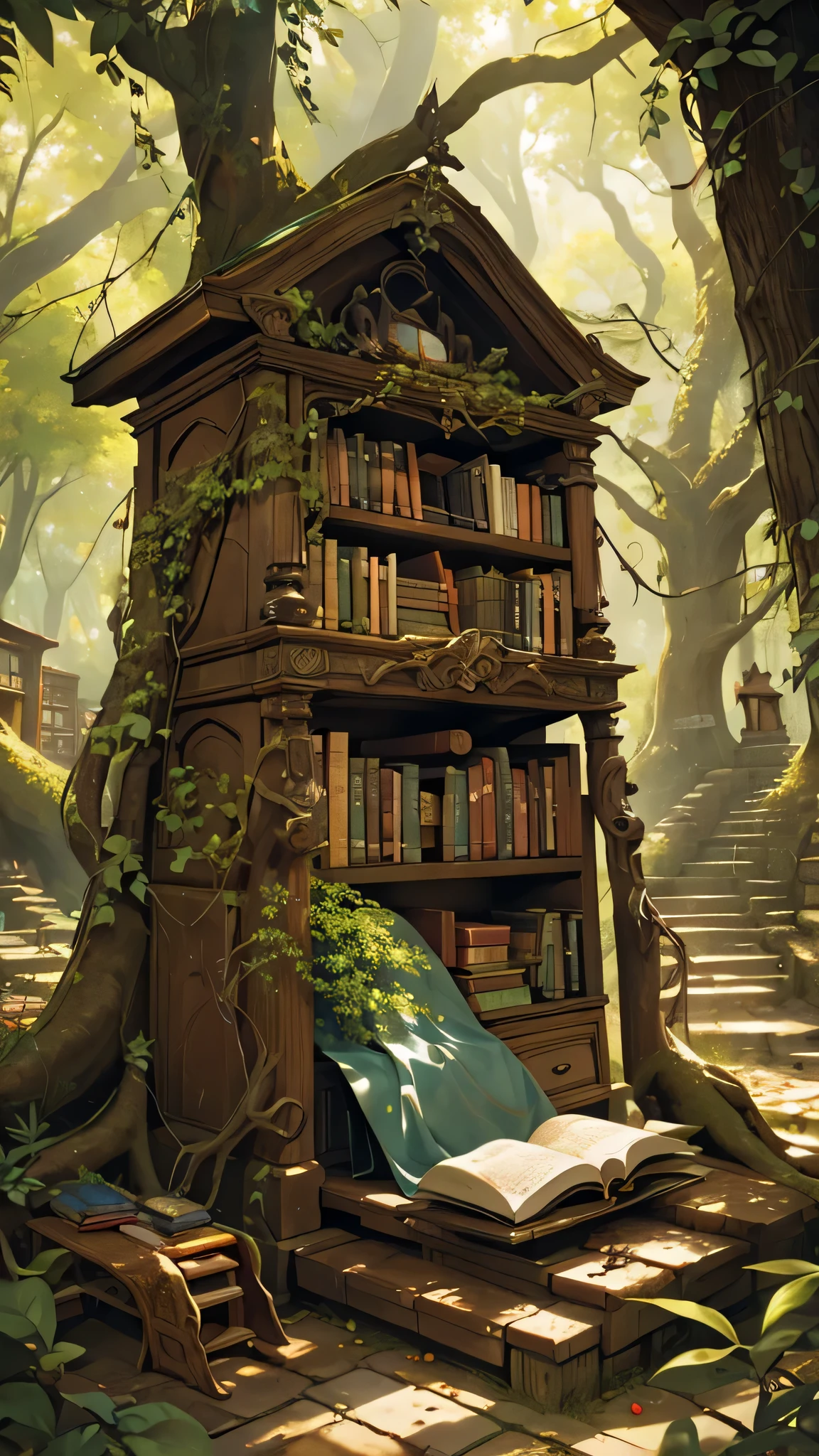 (a)large outdoor ancient library,(a)fantasy-themed,(a)forest setting,(a)room filled with leaves and tree roots,(a)abundance of ancient books and manuscripts