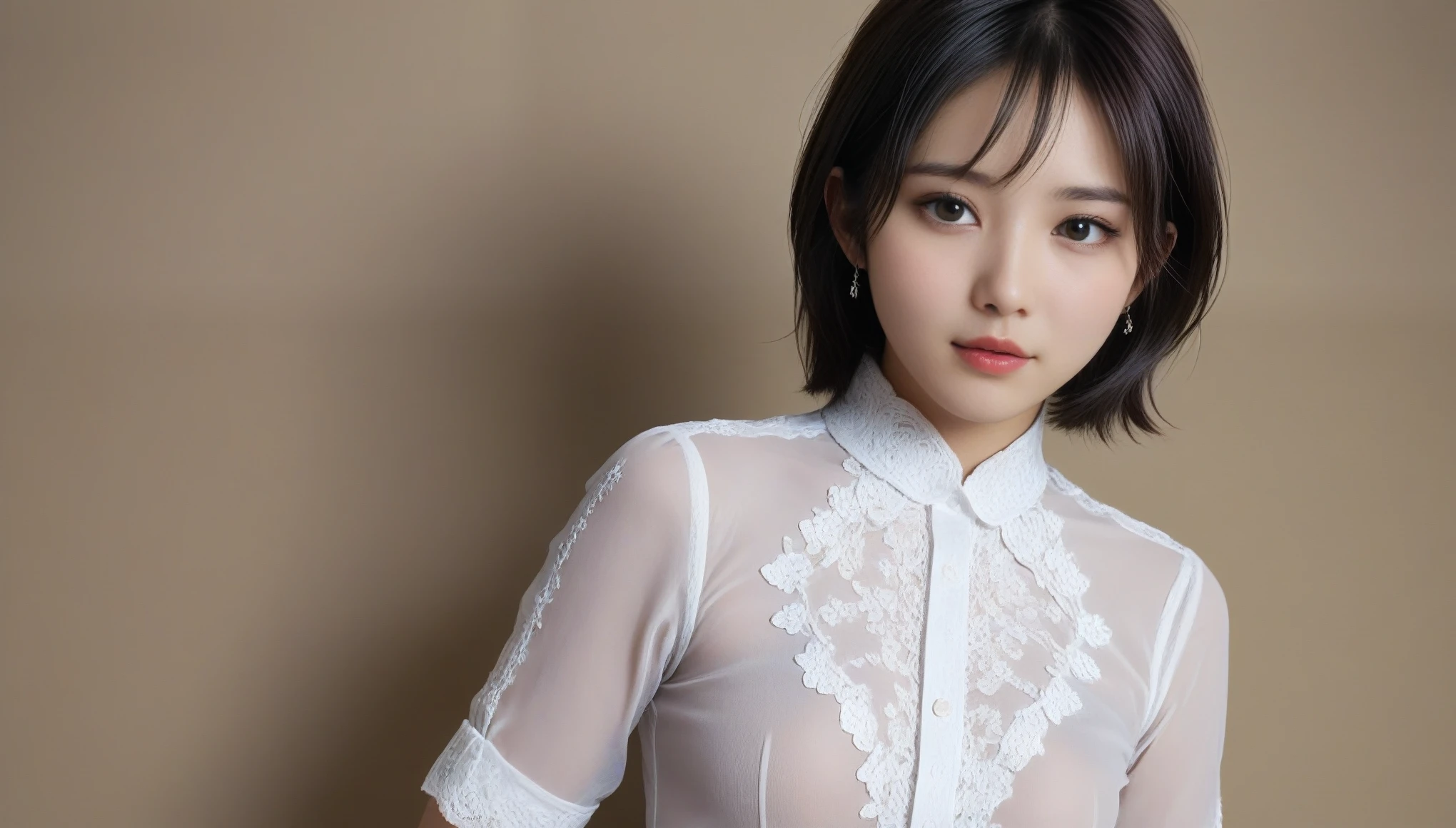 8K, Ultra-high resolution, highest quality, masterpiece, Surreal, photograph, 1 girl, (:1.3), pretty girl, Cute face, Beautiful eyes in every detail, (short hair:1.2),(Wearing a blouse:1.2),1 girl,Japanese,21 years old,(Small breasts:1.3),(highest quality,masterpiece:1.3,超A high resolution,),(非常にdetailed,Caustics),(Photorealistic:1.4,RAW shooting,)Ultra-Realistic Capture,非常にdetailed,High resolution 16K human skin closeup。 Natural skin texture、簡単に識別できるほどdetailedでなければならない。 Skin tone is even and healthy looking。 Use natural light and color, Sad expression, Looking at the camera, Perfect dynamic composition, My Room, A scene from the movie is visible 、Look at the audience、beauty,Long neck、Smile a little、Please close your mouth and laugh、(((Ideal body proportions))),A cup small breasts :2,、Portraiture:2、Perfect Anatomy、Vivid details、detailed、Surreal、Light and shadow,Strong light,Fashion magazine cover,Thin lips
