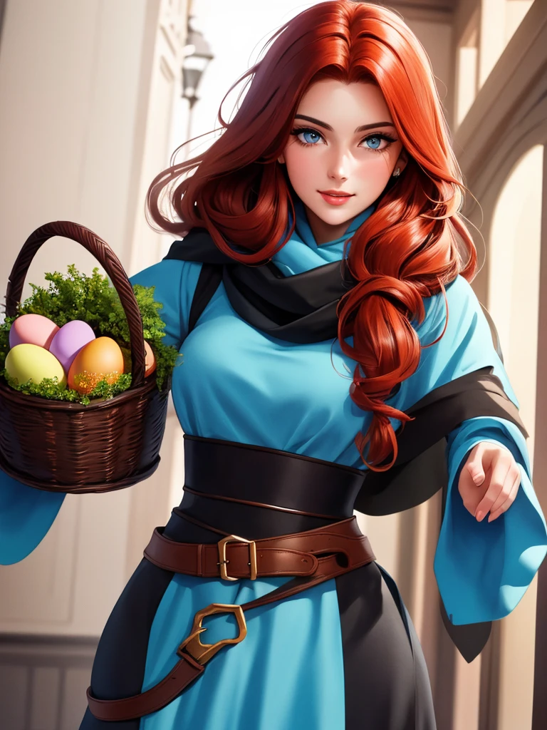 The feast of the Orthodox Easter. A tall, handsome, handsome, courageous young man, he has long curly copper-red hair, green eyes, he holds a basket of cakes and colored eggs in his hand, hugs an incredibly beautiful young femme fatale brunette, she has short thick black hair, blue eyes, her head is covered with a scarf. They're in love. Masterpiece, detailed study of the face, beautiful face, beautiful facial features, perfect image, realistic shots, detailed study of faces, full-length image, 8k, detailed image. an extremely detailed illustration, a real masterpiece of the highest quality, with careful drawing.