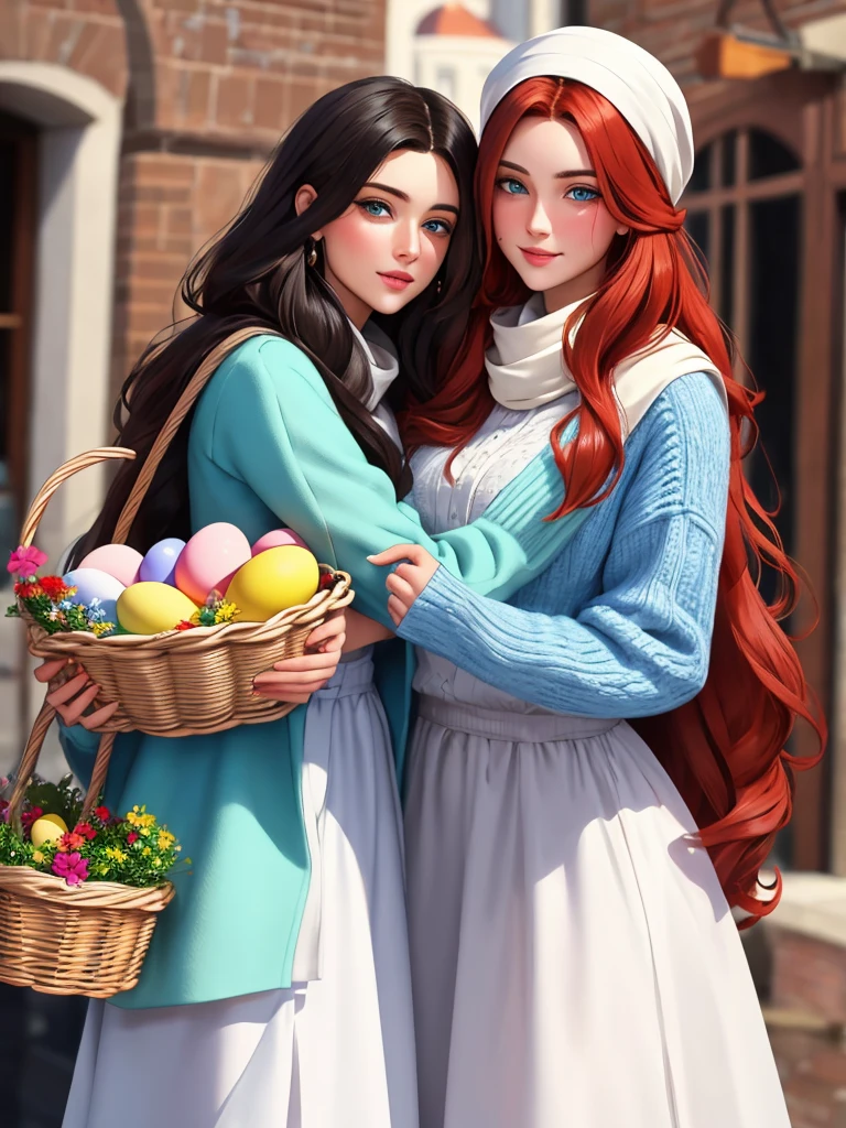 The feast of the Orthodox Easter. A tall, handsome, handsome, courageous young man, he has long curly copper-red hair, green eyes, he holds a basket of cakes and colored eggs in his hand, hugs an incredibly beautiful young femme fatale brunette, she has short thick black hair, blue eyes, her head is covered with a scarf. They're in love. Masterpiece, detailed study of the face, beautiful face, beautiful facial features, perfect image, realistic shots, detailed study of faces, full-length image, 8k, detailed image. an extremely detailed illustration, a real masterpiece of the highest quality, with careful drawing.