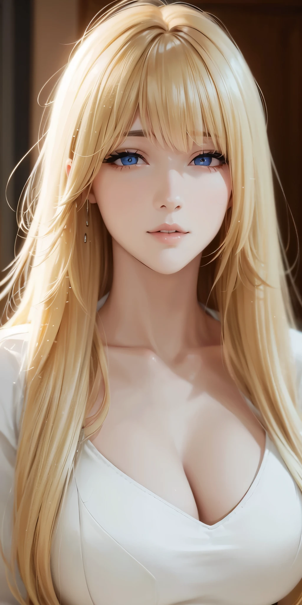 Portait, Upper body, elegant mature woman, long neck, long blonde hair, bangs, blue eyes, casual clothes, cleavage, soft light, 4k resolution, high quality, looking at viewer