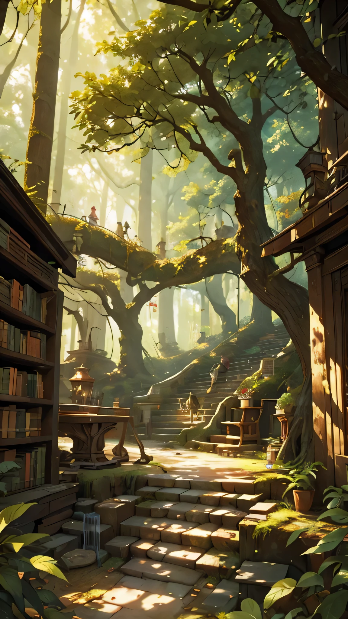 (a)large outdoor ancient library,(a)fantasy-themed,(a)forest setting,(a)room filled with leaves and tree roots,(a)abundance of ancient books and manuscripts