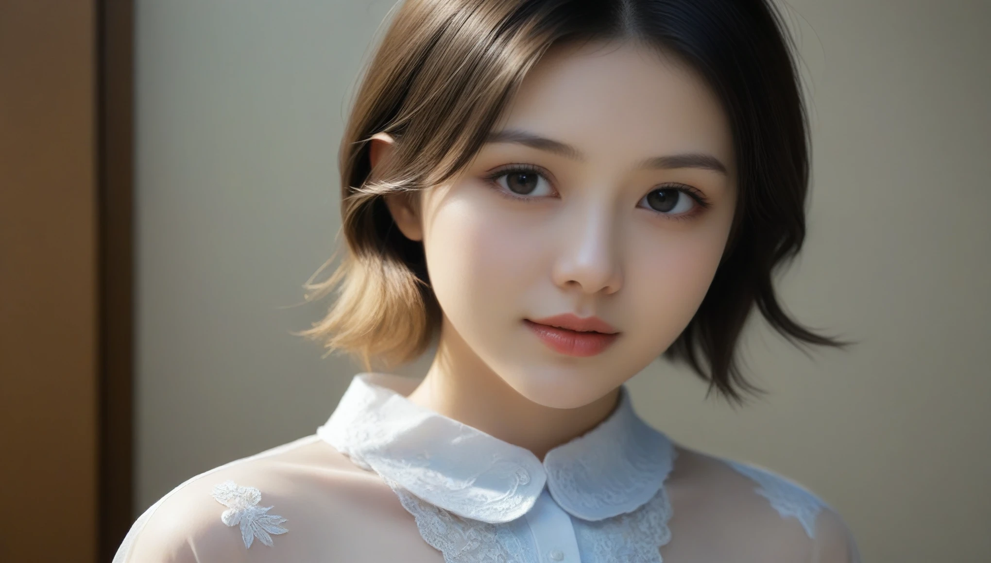 8K, Ultra-high resolution, highest quality, masterpiece, Surreal, photograph, 1 girl, (************:1.3), pretty girl, Cute face, Beautiful eyes in every detail, (short hair:1.2),(Wearing a blouse:1.2),1 girl,Japanese,21 years old,(Small breasts:1.3),(highest quality,masterpiece:1.3,超A high resolution,),(非常にdetailed,Caustics),(Photorealistic:1.4,RAW shooting,)Ultra-Realistic Capture,非常にdetailed,High resolution 16K human skin closeup。 Natural skin texture、簡単に識別できるほどdetailedでなければならない。 Skin tone is even and healthy looking。 Use natural light and color, Sad expression, Looking at the camera, Perfect dynamic composition, My Room, A scene from the movie is visible 、Look at the audience、beauty,Long neck、Smile a little、Please close your mouth and laugh、(((Ideal body proportions))),A cup small breasts :2,、Portraiture:2、Perfect Anatomy、Vivid details、detailed、Surreal、Light and shadow,Strong light,Fashion magazine cover,Thin lips