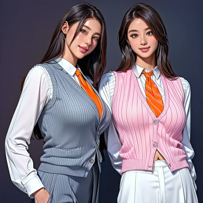 (highest quality、4K、8k、High resolution、masterpiece:1.2)、Very detailed、(Genuine、Realistic、Realistic:1.37)、Portraiture、Colorful lighting、comedian、smile、conversation、Stand microphone、Two beautiful girls in completely different clothes:1.4、(Striped dark grey suit、One  girl wearing a navy blue tie:1.37)、(White shirt、Orange tie、Pink knitted vest、Another big, muscular girl in white slacks:1.37)、(Two girls standing on a small stage)