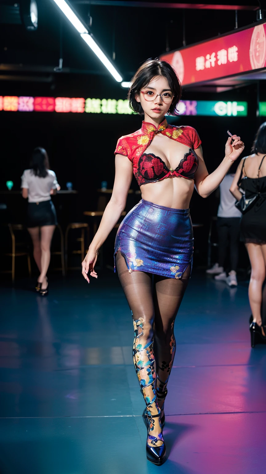 ,(full body:1.5),(((only one girl)):1.4),(view the viewer:1.4),((anatomy correct):1.45),(((dancing in the night club, Perfectly integrated background))):1.3),(she wears large glasses and Holding bra & pantie in her hand:1.2),(shy:1.15),((red cheongsam's set):1.2),(((((((patterns)))))) ,((thick pantyhose)):1.3),( Uniform high heels leather shoes with bows for female students:1.1),((Long legs and large chest):1.3),((((colorful))):1.4),(Accurate and perfect face:1.3),((black short hair):1.2),hyper HD, Ray traching, reflective light, structurally correct, Award-Awarded, high detail, lighten shade contrast, Face lighting ,cinematic lighting, masterpiece, super detailing, high quality, high detail, best quality, 16k,High contrast,