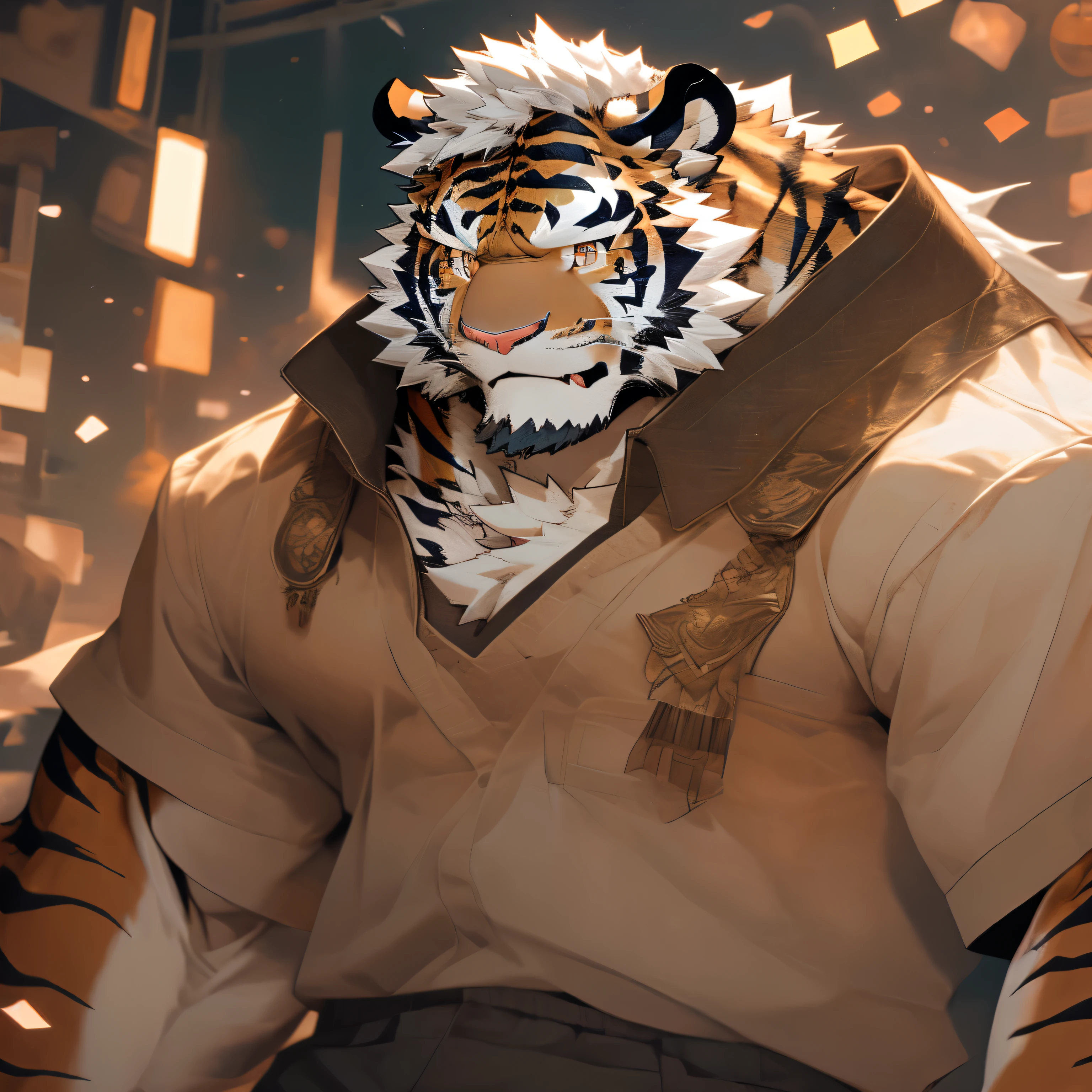 (Dark Environment: 0.8), masterpiece, high quality, Abstract research, number\(artwork\), By Dagasi, Yes, Seizan, (anthropology, Fluffy fur, character focus: 1.1), anthropology Male Cat, short hair, portrait , Bright Eyes, panoramic, character focus. (Detailed background: 0.7), Solitary, hairy, hairy male, Male focus, Flower charcoal, (Body hair, hairy tail, tiger fur, brown tiger eyes, White hair: 1.2), (Lovely, Cats, tiger man, tiger,), (bedroom, tiger print, tiger skin, tiger teeth) high quality, tiger print on hands, tiger print on head. Turn into a tiger. Species conversion, AI takes off clothes. Take off his clothes. Exposing his body. He also has tiger stripes on his body.