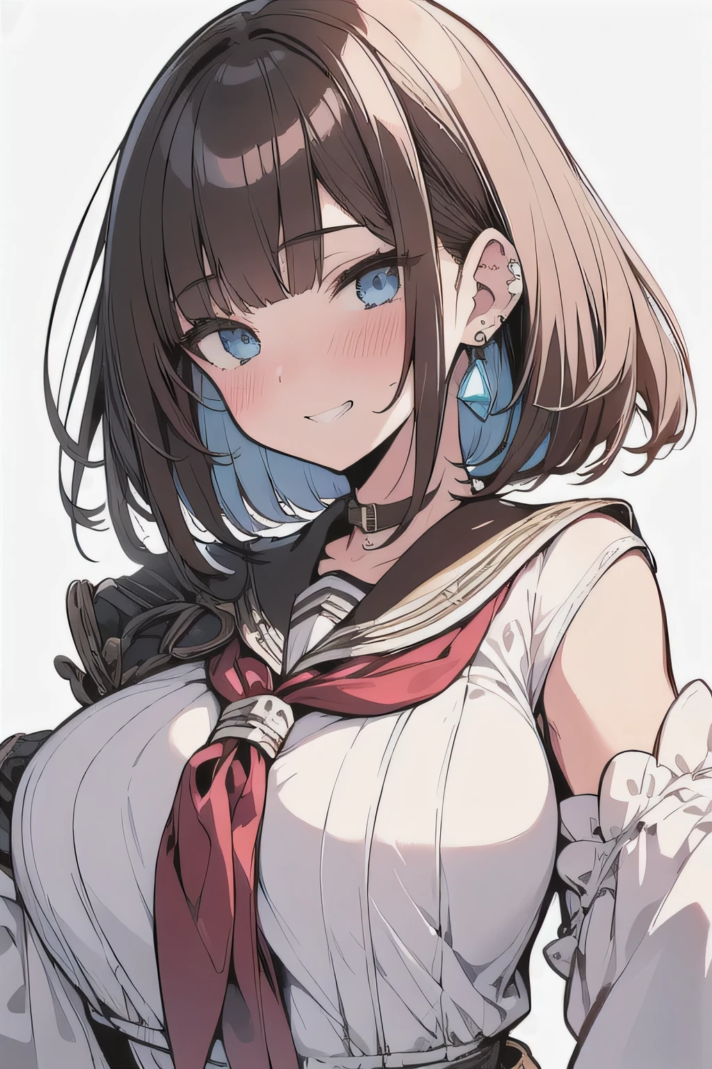 (best quality), (Super detailed), (Best Illustration), (masterpiece), (woman), selfie, {(white serafuku:1.2)}, (large breasts:1.2), {brown hair, (sideburns), (bob cut:1.3), curly hair, hairs between eyes, colored inner hair}, {(detailed eyes), blue eyes}, grin, blush, earring, wind, white background