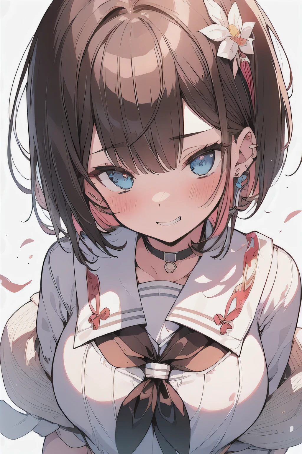 (best quality), (Super detailed), (Best Illustration), nsfw, (1woman), look at viewer, (Ahegao:1.2), (serafuku:1.3), (very big Breasts:1.2), {brown hair, (bob cut:1.2), curly hair, hairs between eyes}, {(detailed eyes), heart-shaped pupils, blue eyes}, blush, sweat, steam, earrings, flower hairband, (school:1.3),
