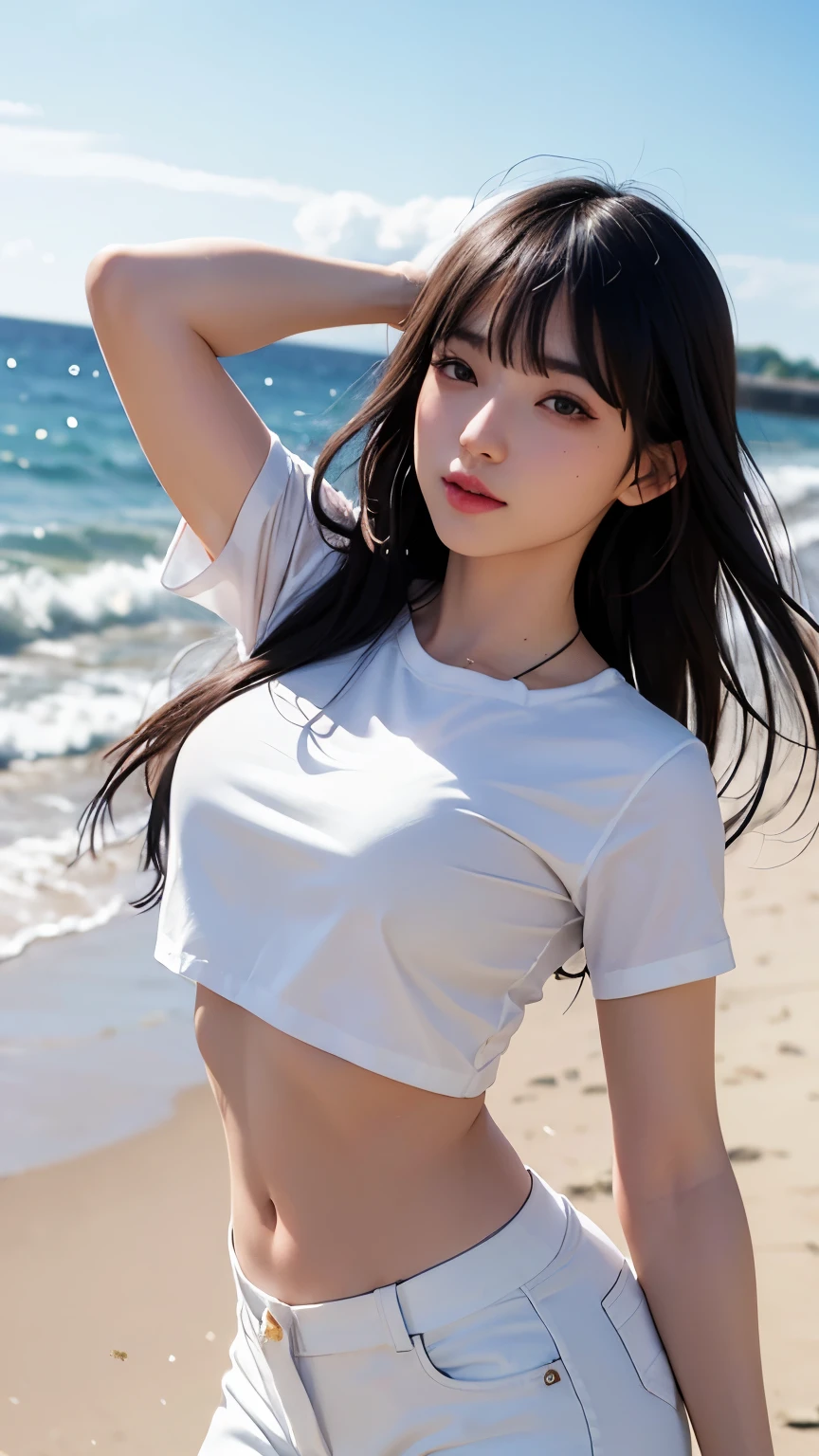 (logo、masterpiece、8k、Tabletop、RAW Photos、wonderful、最high quality、Photorealistic and Very detailed CG integrated 8k wallpaper、high quality、Very detailed、Narrative poem、Particle Effects、Dynamic Effects、Written boundary depth、Cinematic Light、Lens flare、Ray Tracing)、Fantasy、 (One beautiful woman、White Pants、White T-shirt、White tube top、White crop top、Black-haired、Beautiful Face、True Face、Beautiful details、eye、Beautiful Skin、Ultimate Body、glamorous)、私の髪はWindに舞う、Hair flutters in Wind、Hair bounces、Seaside、wonderful景色、coastal、sunrise、Sun in the background、Wind、Beach