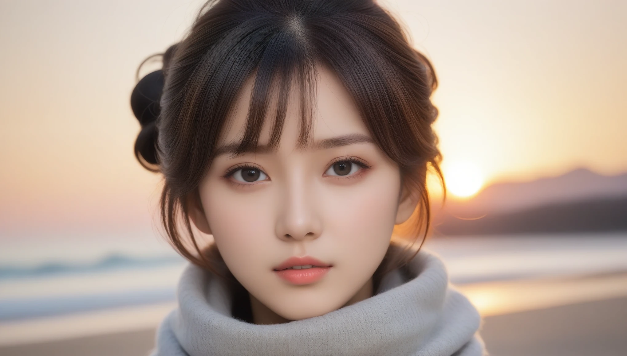 8K, 超High resolution, highest quality, masterpiece, Surreal, photograph,Three-part method, 1 girl, (:1.3), pretty girl, Cute face, Beautiful eyes in every detail,Japan Female Announcer,(wearing a long winter coat and scarf、Close-up of thin black two-sided updo:1.5)、(The girl turns around with a very sad look on her face, Her hair fluttering in the wind on the winter beach:1.5)、(Blurred Background:1.5)、(red sky at sunset:1.5)、(Perfect Anatomy:1.5)、(Complete Hand:1.3)、(Full Finger:1.3)、Photorealistic、生photograph、Tabletop、highest quality、High resolution、Delicate and beautiful、Perfect Face、Beautiful fine details、Fair skin、Real human skin、((Thin legs))、Bold Pose,super cute super model、Please look closely at the camera 、Vivid details、detailed、Surreal、Light and shadow,Strong light,Fashion magazine cover,Thin lips