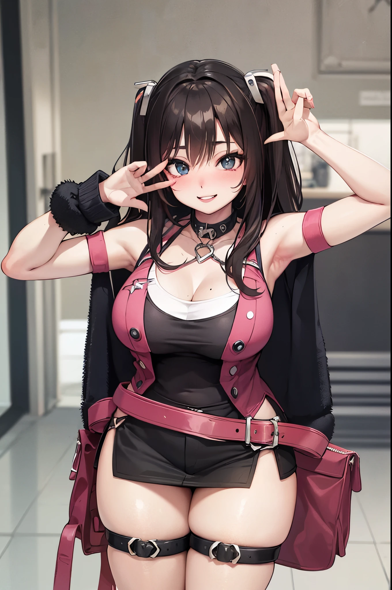 dominant fashionable college girl flirting with the viewer. (ultra-detailed,4k, 8k, high res, curvy,plus size anime girl,confident, seductive,erotic) curvy, plus size anime girl, seductive, erotic, thick thighs, detailed eyes, detailed lips, alluring expression, captivating curves, cleavage, flirtatious, artistic rendering, smiling/smirking, fashionable, cool clothes, pretty clothes, detailed clothing