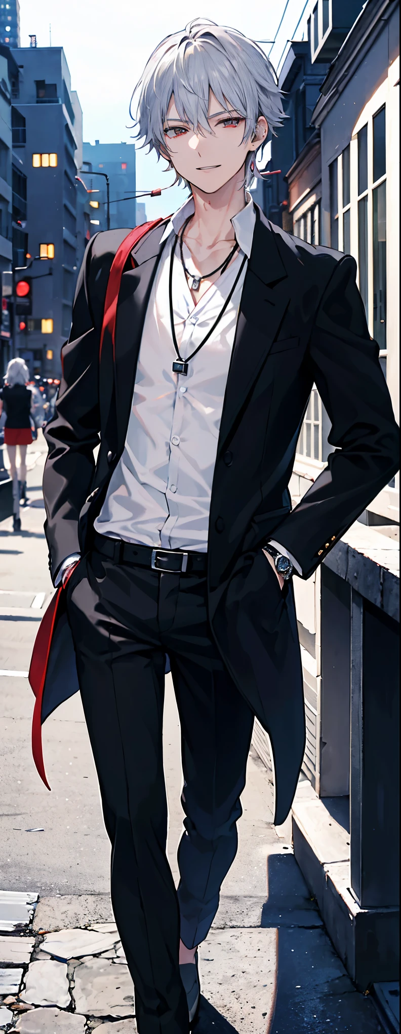 High resolution, high resolution,2D Anime Style,,Cool guy,Mature look,,20th Generation,Short Hair,Silver Hair,Red eyes,Beautiful watch,Beautiful earrings,Beautiful necklace,Formal Dark Fashion,He is smiling a little,night,walking,Put your hands in your pockets,Smoking a cigarette,Holding a cigarette