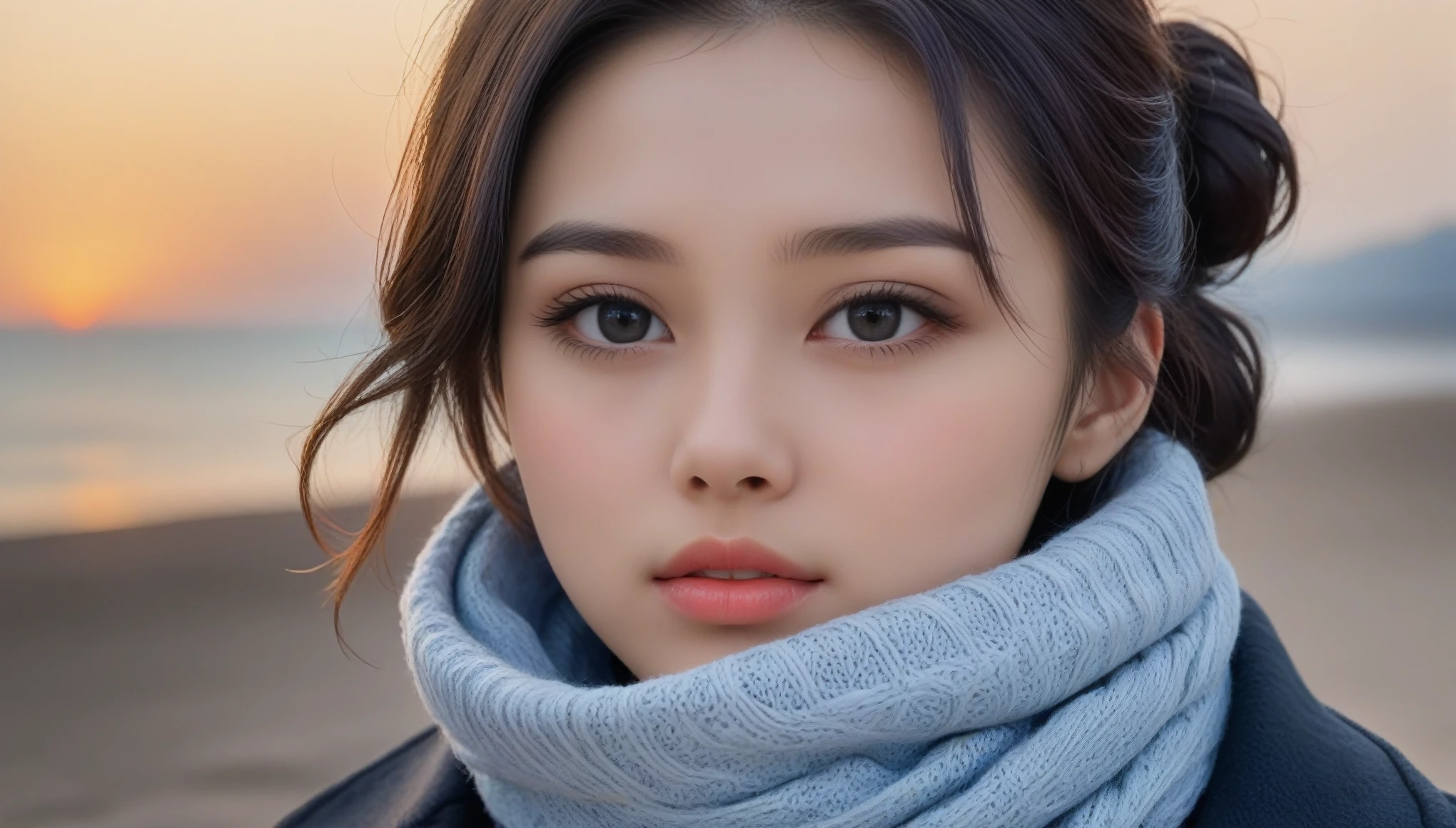 8K, 超High resolution, highest quality, masterpiece, Surreal, photograph,Three-part method, 1 girl, (16 years old:1.3), pretty girl, Cute face, Beautiful eyes in every detail,Japan Female Announcer,(wearing a long winter coat and scarf、Close-up of thin black two-sided updo:1.5)、(The girl turns around with a very sad look on her face, Her hair fluttering in the wind on the winter beach:1.5)、(Blurred Background:1.5)、(red sky at sunset:1.5)、(Perfect Anatomy:1.5)、(Complete Hand:1.3)、(Full Finger:1.3)、Photorealistic、生photograph、Tabletop、highest quality、High resolution、Delicate and beautiful、Perfect Face、Beautiful fine details、Fair skin、Real human skin、((Thin legs))、Bold Pose,super cute super model、Please look closely at the camera 、Vivid details、detailed、Surreal、Light and shadow,Strong light,Fashion magazine cover,Thin lips