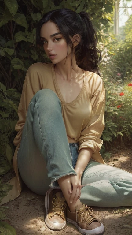 realistic,realistic photo,((masterpiece, best quality, high resolution, very detailed),(Beautiful and aesthetically pleasing.:1.2), 1 woman, adult, perfect body, wavy black hair, green eyes, high and short ponytail, beautiful, Detailed eyes and face, long oversized shirt, skinny jeans, converse sneakers, golden hour, flower garden, Complex parts, whole body