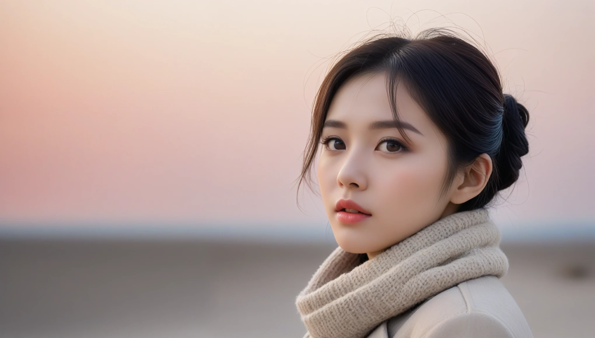 8K, 超High resolution, highest quality, masterpiece, Surreal, photograph,Three-part method, 1 girl, (:1.3), pretty girl, Cute face, Beautiful eyes in every detail,Japan Female Announcer,(wearing a long winter coat and scarf、Close-up of thin black two-sided updo:1.5)、(The girl turns around with a very sad look on her face, Her hair fluttering in the wind on the winter beach:1.5)、(Blurred Background:1.5)、(red sky at sunset:1.5)、(Perfect Anatomy:1.5)、(Complete Hand:1.3)、(Full Finger:1.3)、Photorealistic、生photograph、Tabletop、highest quality、High resolution、Delicate and beautiful、Perfect Face、Beautiful fine details、Fair skin、Real human skin、((Thin legs))、Bold Pose,super cute super model、Please look closely at the camera 、Vivid details、detailed、Surreal、Light and shadow,Strong light,Fashion magazine cover,Thin lips