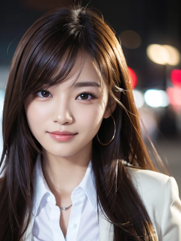 Tabletop、highest quality、Genuine、Very detailed、finely、High resolution、8k wallpaper、Age 25、One beautiful woman、、、light brown disheveled hair、Wear a business suit、Sharp focus、Perfect dynamic composition、Beautiful and detailed、Thinning hair、Detailed Genuine skin texture、smile、Close-up portrait、Model Body Type、Tokyo at Night、
