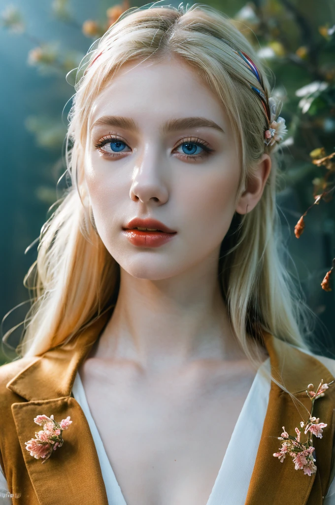 ( masterpiece, top quality, best quality,8k, girl,ultra detailed,raw photo:1.5),(photorealistic:1.4), (cinematic lighting), PerfectNwsjMajic, , Surrealism, UHD, ccurate, Super detail, textured skin, High detail, Best quality, dynamic angle, White skin,[Beautiful blue eyes], high nose,[flat chest:large breasts:0.5],(1girl),((good anatomy:0.5)),(covered in flowers:1.4), night sky, joint, (Blonde hair:1.3), interested in, fire and ice, (The image is divided into two，Available in a variety of colors:2), eyes blues, sapphire, liquid metal, night sky, (Look at an angle:1.3), (fire and ice), ((Lower chrome)), (hairpin:1.4), (forest:1.3), (fog: 1.3),  Subtle colors and tones, mystical aura ,dreamy atmosphere,expressive brush strokes, mystical ambiance, Artistic interpretation,