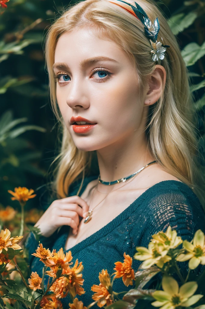 ( masterpiece, top quality, best quality,8k, girl,ultra detailed,raw photo:1.5),(photorealistic:1.4), (cinematic lighting), PerfectNwsjMajic, , Surrealism, UHD, ccurate, Super detail, textured skin, High detail, Best quality, dynamic angle, White skin,[Beautiful blue eyes], high nose,[flat chest:large breasts:0.5],(1girl),((good anatomy:0.5)),(covered in flowers:1.4), night sky, joint, (Blonde hair:1.3), interested in, fire and ice, (The image is divided into two，Available in a variety of colors:2), eyes blues, sapphire, liquid metal, night sky, (Look at an angle:1.3), (fire and ice), ((Lower chrome)), (hairpin:1.4), (forest:1.3), (fog: 1.3),  Subtle colors and tones, mystical aura ,dreamy atmosphere,expressive brush strokes, mystical ambiance, Artistic interpretation,