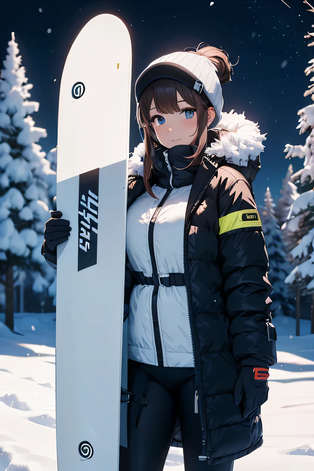 ultra HD, haute  resolution, snowing, snowboard combine, girl wearing sexy snowboard combine, the girl is standing en haut d une piste d'une montagne enneigée, sexy girl, snowboard girl, with her snowboard on arms, seductive anime girl, best rated on pixiv, beautiful lightening, lights effects, many colors, HD, full details, high quality, verry large view, more_details:-1, more_details:0, more_details:0.5, more_details:1, more_details:1.5