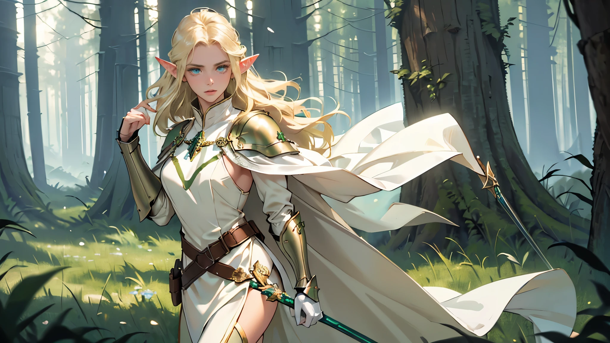 masterpiece, ultra detailed, 8K Portrait, Raw photo, a portrait photo of, Highly detailed face, beautiful and meticulous eyes, ((Fantasy)), Young beautiful, (((expressionless))), (((woman soldier))), ((elf)) tall, wavy long hair, gentle face, (((skin as white as pearl))), ((blond)), twig hair ornament, (((white silk long cloak))) Fluttering in the wind, (((light green and brown cloth armor))), leather boots, (((fidgeting posing))), ((equip a rapier)), (((with the spirit of the wind))), Midday Sun, Hyper realistic, Body model, Small breasts, Beautiful breasts, Long legs, in a deep forest, Ambient lighting, Shadow details, Camera focus on face, strong breeze, Light fog
