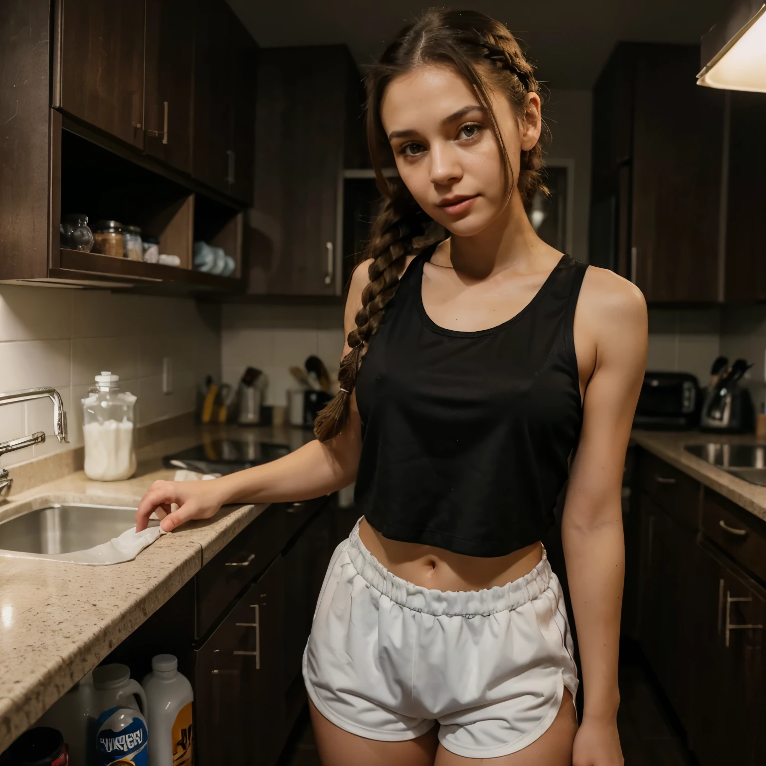 A small brunette woman, , 22 , Ukrainian, braided hair , sleeveless  shirt that's covers her whole torso and upper body , wearing long  louse basketball shorts that go past her knees in length , in a dark kitchen , drinking milk from the plastic bottle , at night , dark , no lights 