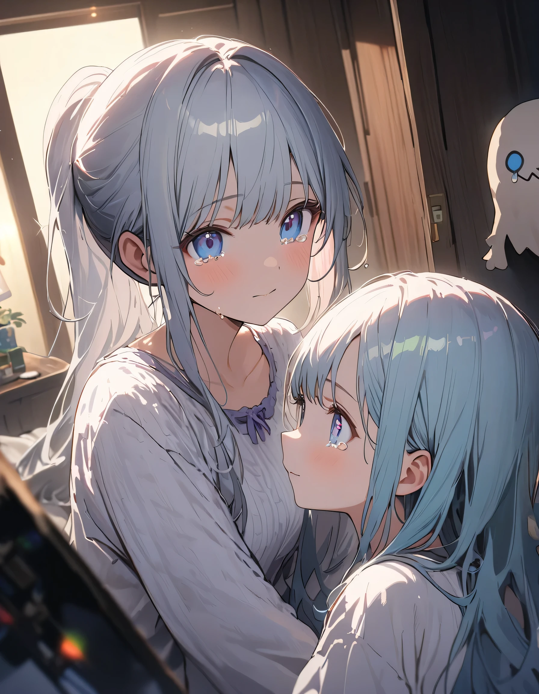 An absurd solution, High resolution, (masterpiece: 1.4), Very detailed, (((Detailed face, Detailed expression)), Two Girls, Girl and Girl, friend, best friend, Classmate, relax, ponytail, Bob, sitting on bed, Sitting on the floor, Two people having a conversation, Room Background, friend, Relatives and friends, Home, 1K, Small room, curtain, bed, tv set, machine, Loungewear, A tear-jerking scene from youth, (Tears in my eyes)、(highest quality、masterpiece、High resolution、detailed)、anime style、Flat Style、(eyes shining iridescent colors illuminated light, Delicate and beautiful face, ),  BREAK,extremely detailed、(The Shining), Best lighting, Best Shadow、High saturation,Dynamic Angle、anime、Nostalgic atmosphere