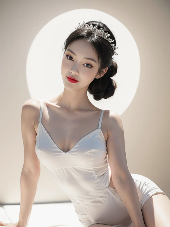 (Accurate description), Narrow eyes, Female 1, All white, Smile with slightly exposed upper teeth, Eyebrows, Black hair, Short hair Solo, Cowgirl, One piece, ((Big glamor)), Black eyes, Black hair, Gloves, Randomly noticeable Very transparent mesh corset, random short and thin, very transparent mesh skirt, exposed thighs, deep lying posture, random location, beauty with high hips, big eyes full of smiles, bright makeup, red lipstick, dark fantasy, random hairstyle, beauty mark, bright eyes, queen, dark background, bokeh, collarbones, navel, bulging, very large glamour, (masterpiece, highest quality), illustration, 8k highly detailed photorealistic, sharp focus, highly detailed ham, nice details, intricate details, attractive girl , Various bold AV model poses with changing posture, forward gaze, open legs, solo, very large hips, glowing skin, (face details), jewelry, large and beautiful necklace, beautiful bracelet, tiara, complex petal pattern, rim lighting, backlight, Pastel colors, studio lighting, sharp focus photos, (no bad fingers or bodies)