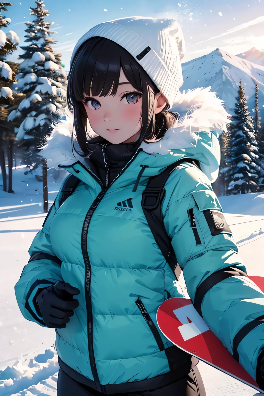 ultra HD, haute resolution, snowing, snowboard combine, girl wearing sexy snowboard combine, the girl is standing en haut d une piste d'une montagne enneigée, sexy girl, snowboard girl, with her snowboard on arms, seductive anime girl, best rated on pixiv, beautiful lightening, lights effects, many colors, HD, full details, high quality, verry large view, more_details:-1, more_details:0, more_details:0.5, more_details:1, more_details:1.5