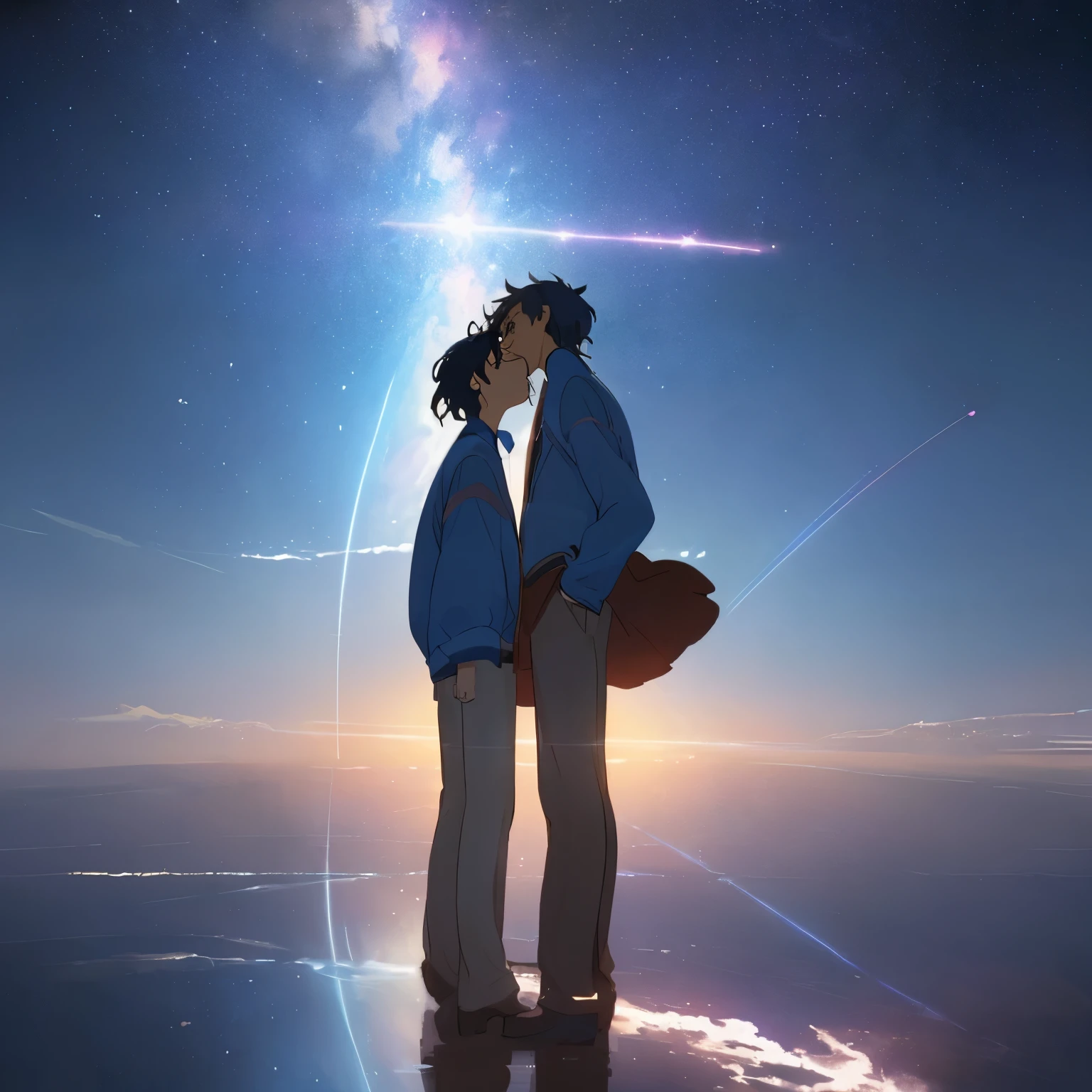 Style of the movie "Your Name"、A big star between a man and a woman. The man and woman are looking up at the sky.、8K Portrait