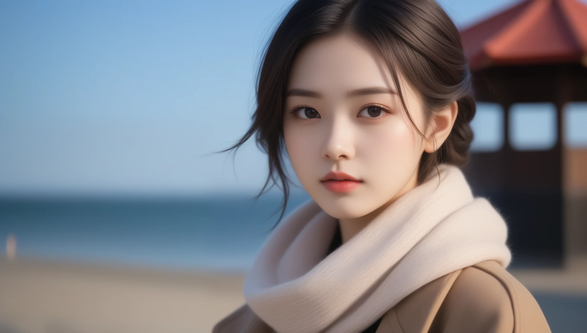 8K, 超High resolution, highest quality, masterpiece, Surreal, photograph,Three-part method, 1 girl, (16 years old:1.3), pretty girl, Cute face, Beautiful eyes in every detail,Japan Female Announcer,(wearing a long winter coat and scarf、Close-up of thin black two-sided updo:1.5)、(The girl turns around with a very sad look on her face, Her hair fluttering in the wind on the winter beach:1.5)、(Blurred Background:1.5)、(red sky at sunset:1.5)、(Perfect Anatomy:1.5)、(Complete Hand:1.3)、(Full Finger:1.3)、Photorealistic、生photograph、Tabletop、highest quality、High resolution、Delicate and beautiful、Perfect Face、Beautiful fine details、Fair skin、Real human skin、((Thin legs))、Bold Pose,super cute super model、Please look closely at the camera 、Vivid details、detailed、Surreal、Light and shadow,Strong light,Fashion magazine cover,Thin lips