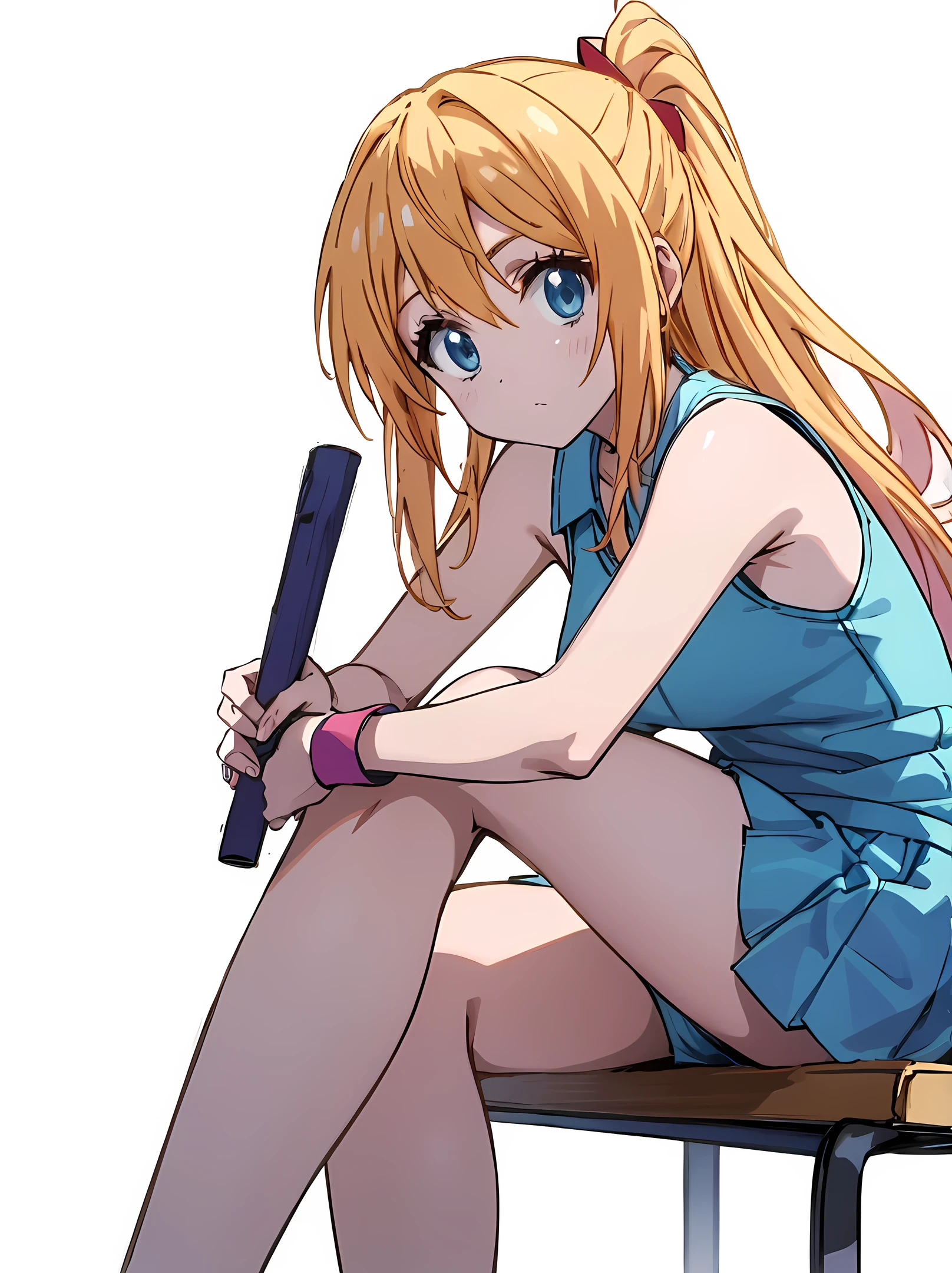 chitoge, blue sportswear, sitting on a bench, looking at the viewers, holding a stick