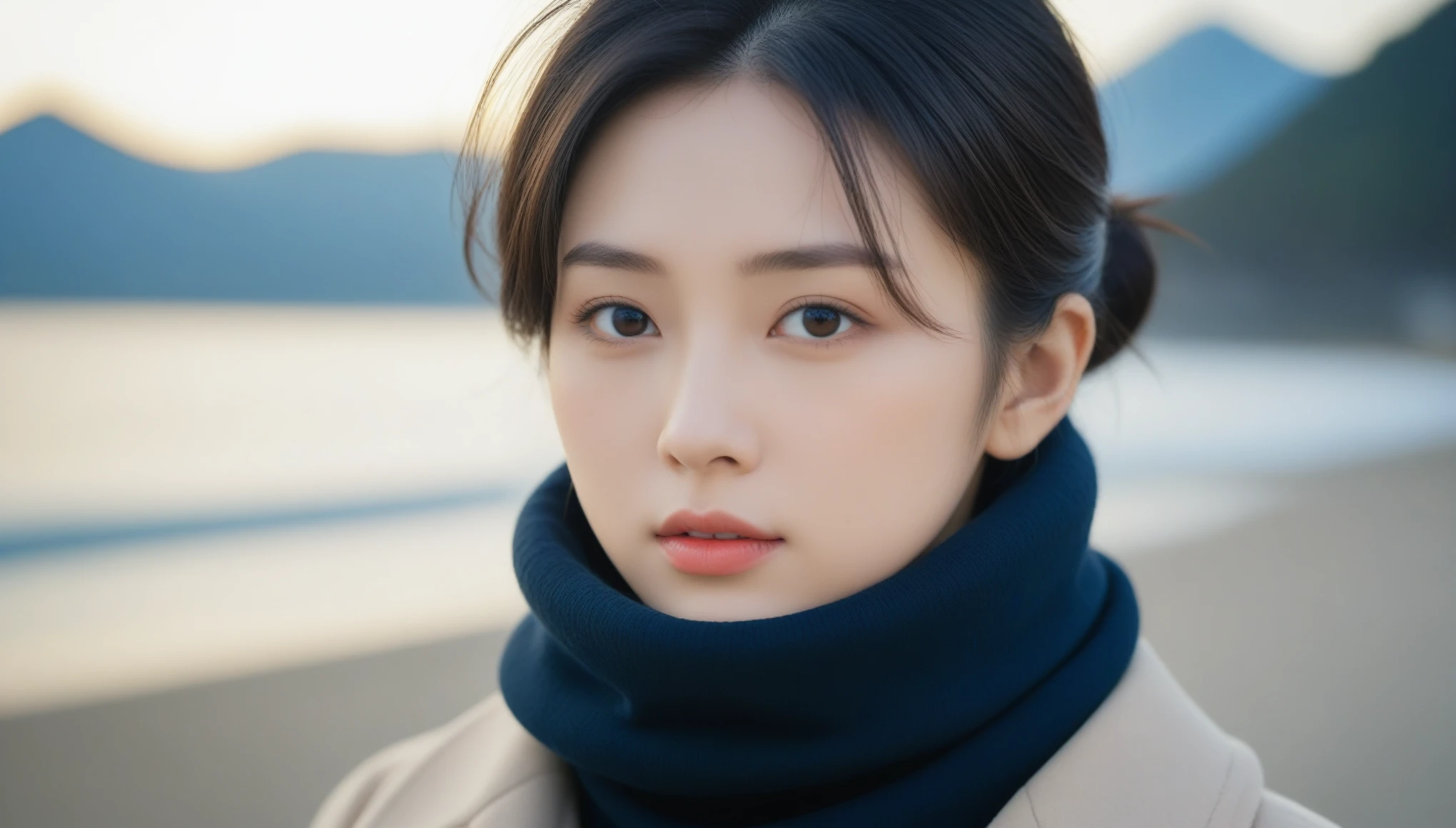 8K, 超High resolution, highest quality, masterpiece, Surreal, photograph,Three-part method, 1 girl, (:1.3), pretty girl, Cute face, Beautiful eyes in every detail,Japan Female Announcer,(wearing a long winter coat and scarf、Close-up of thin black two-sided updo:1.5)、(The girl turns around with a very sad look on her face, Her hair fluttering in the wind on the winter beach:1.5)、(Blurred Background:1.5)、(red sky at sunset:1.5)、(Perfect Anatomy:1.5)、(Complete Hand:1.3)、(Full Finger:1.3)、Photorealistic、生photograph、Tabletop、highest quality、High resolution、Delicate and beautiful、Perfect Face、Beautiful fine details、Fair skin、Real human skin、((Thin legs))、Bold Pose,super cute super model、Please look closely at the camera 、Vivid details、detailed、Surreal、Light and shadow,Strong light,Fashion magazine cover,Thin lips