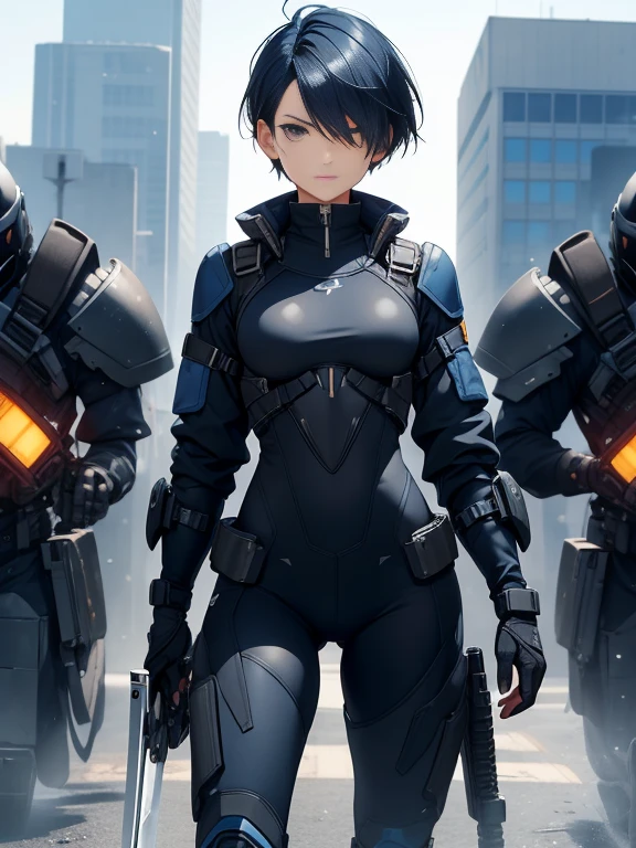 Dark blue hair,short hair,neutral,boyish,Hiding one eye,slender,Rin々A funny face,Powered Suit,Reinforced Suit,mechanical,Science fiction,Black sleeveless coat,With a sword,headgear,Small breasts,Small breasts,Flat Chest,tall,Slightly muscular,Handsome,The innerwear is a bodysuit,Armament,Pilot Suit,Hard boots,armor,Carrying a rifle,Chest protector,Protector on shoulder,I put on a coat,Waist device,1 person