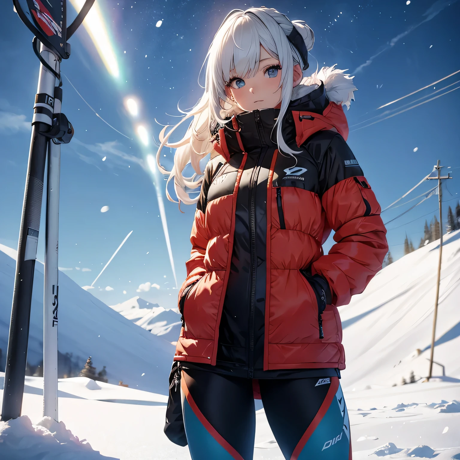 ultra HD, haute  resolution, snowing, snowboard combine, girl wearing  snowboard combine, the girl is standing en haut d une piste d'une montagne enneigée,  girl, snowboard girl, with her snowboard on arms,  anime girl, best rated on pixiv, beautiful lightening, lights effects, many colors, HD, full details, high quality, verry large view, more_details:-1, more_details:0, more_details:0.5, more_details:1, more_details:1.5