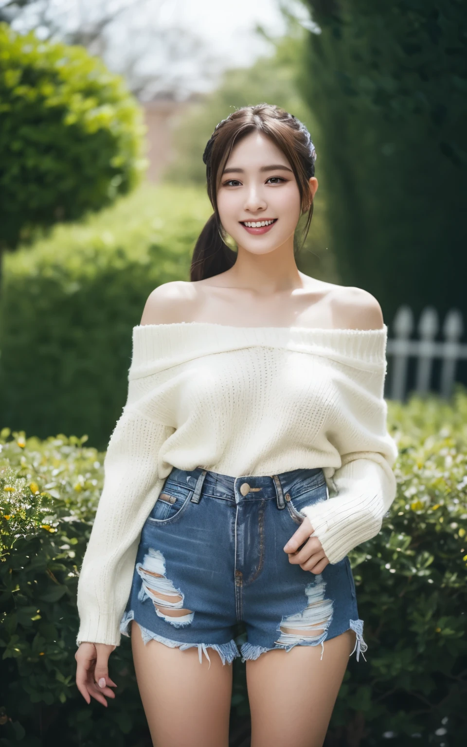 Highly detailed CG Unity 8k wallpaper, top quality, Ultra Detailed, masterpiece, Practical, photoPractical, Very detailed cute girl, 25 years old, (Ripped denim shorts:1.3), (Off-the-shoulder white sweater) , Smile, Open your mouth, Round eyes, Large Breasts, Viewer, Half-length photo , garden , Side Ponytail , From below