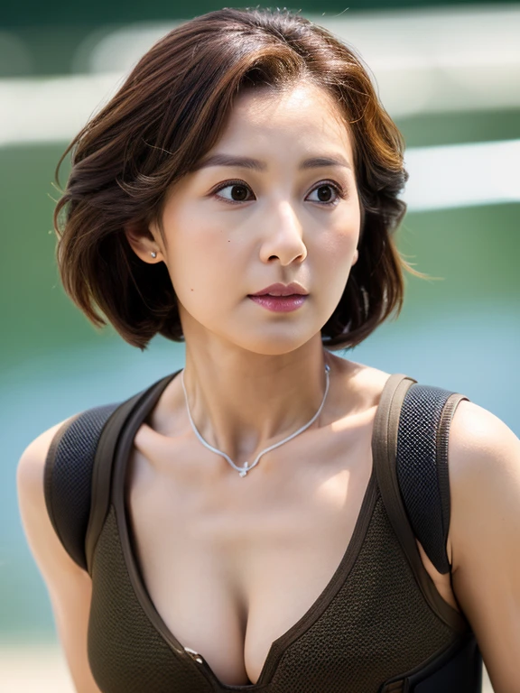 (SFW)、Crisp image quality,highest quality, masterpiece, High resolution, Realistic, 8k wallpaper, perfection, Very detailed, Written boundary depth, ((One beautiful woman)), Beautiful Face、beauty、33 years old,Beautiful Eyes, (((Special forces equipment:1.5))), Shapely small breasts, Light brown wavy hair, short hair,Muscular,belly button、sexy、Cleavage