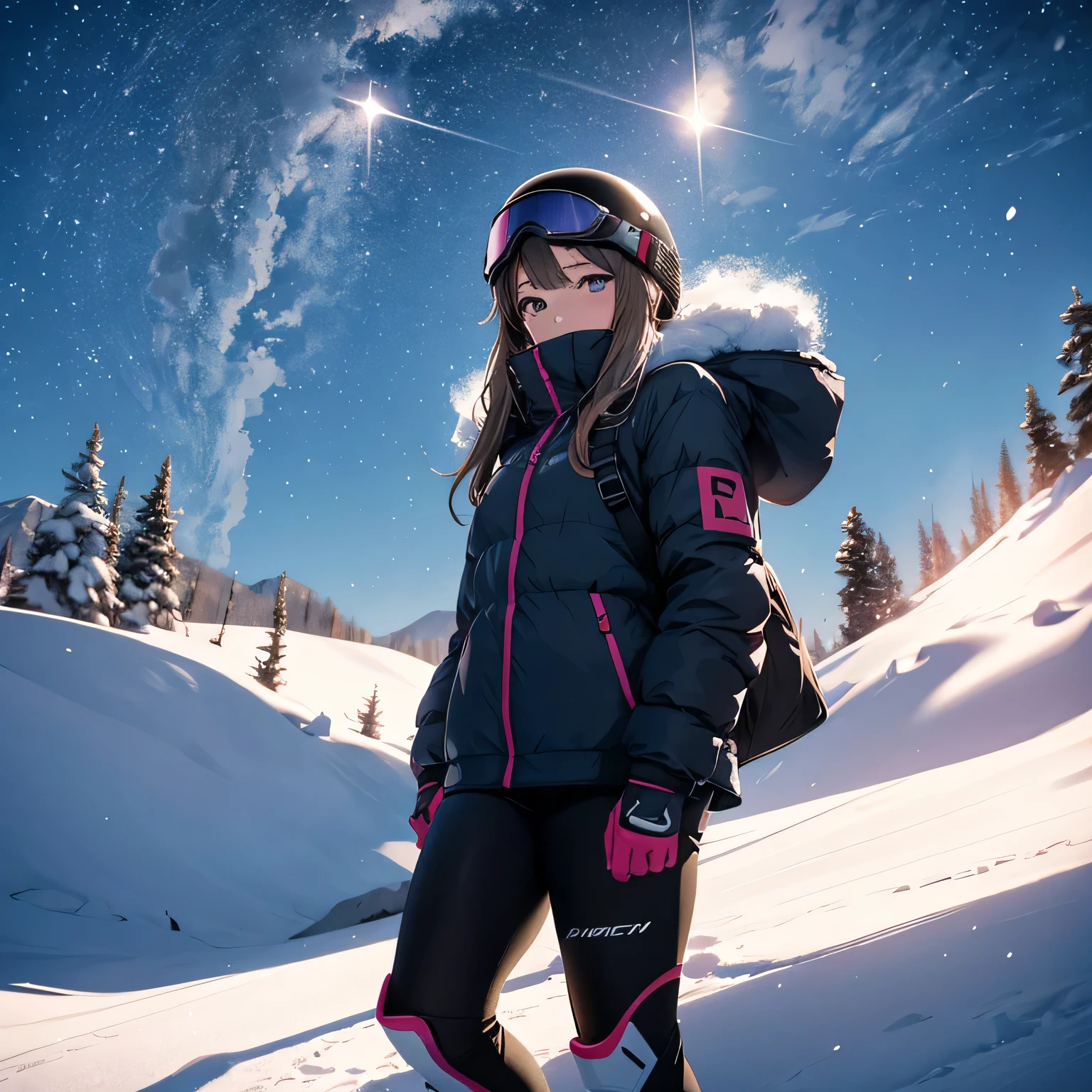 ultra HD, haute  resolution, snowing, snowboard combine, girl wearing  snowboard combine, the girl is standing en haut d une piste d'une montagne enneigée,  girl, snowboard girl, with her snowboard on arms,  anime girl, best rated on pixiv, beautiful lightening, lights effects, many colors, HD, full details, high quality, verry large view, more_details:-1, more_details:0, more_details:0.5, more_details:1, more_details:1.5