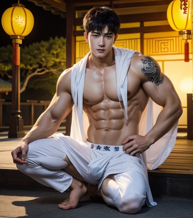 Chinese Men God, Mythology, Chinese odyssy, Handsome, Topless, Muscles, Athlete body, Full Frame, Sexy, Professional Lighting, Hanfu Outfit, Chinese Heaven Background, Bulge Underneathe brief Underwear, white transparent brief, Sexy tight bulge form dick shape, Hanfu Warrior, Hanfu God, Hanfu Male, Hanfu Nobel, Seduce, Sex Appeals, Alafard man shirtless carrying a backpack, muscular body, handsome, manly, inspirite by Zhang Han, Cai Xukun, Kim Do-young, Inspired by Bian Shoumin, Inspired by Xiao Yuncong, yihao ren, yanjun cheng, jinyiwei, inspired by Huang Gongwang, xintong chen, Jacket, wearing japanese loincloth,nice butts, Tattoo chest, tattoo hands, tattoo arms, tattoo belly, clear studio light, lay on the ground, hands holding legs in M shape, night ancient chinese Buddhism temple background, detailed background, fantasy Chinese themed, the best resolution, 8k, Ultra fullHD, look at the viewer, catching eyes,