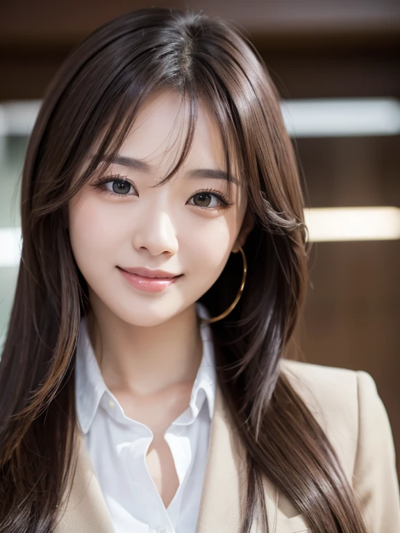Tabletop、highest quality、Genuine、Very detailed、finely、High resolution、8k wallpaper、Age 25、One beautiful woman、、、light brown disheveled hair、Wear a business suit、Sharp focus、Perfect dynamic composition、Beautiful and detailed、Thinning hair、Detailed Genuine skin texture、smile、Close-up portrait、Model Body Type、Newly built living room、