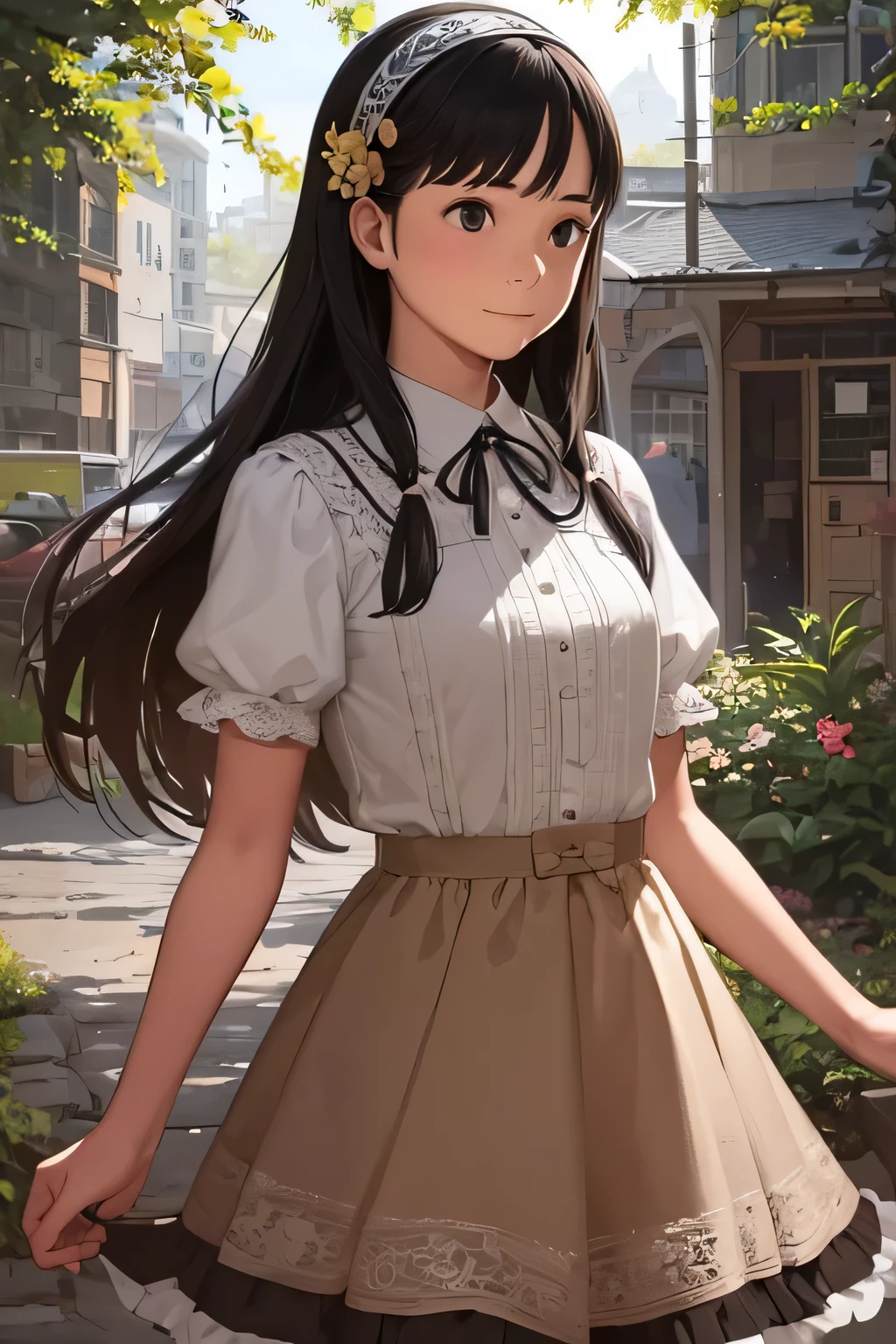 White Background,  gender：woman
hairdo：Long Straight
hair color：Golden brown eye shape and size：Bright eye color：brown
Skin color：olive
dress：Feminine frilly blouse and skirt statue：Moderately feminine figure Distinctive accessories and marks：Floral hair accessory costume color：Beige Style：Elegant and cute design