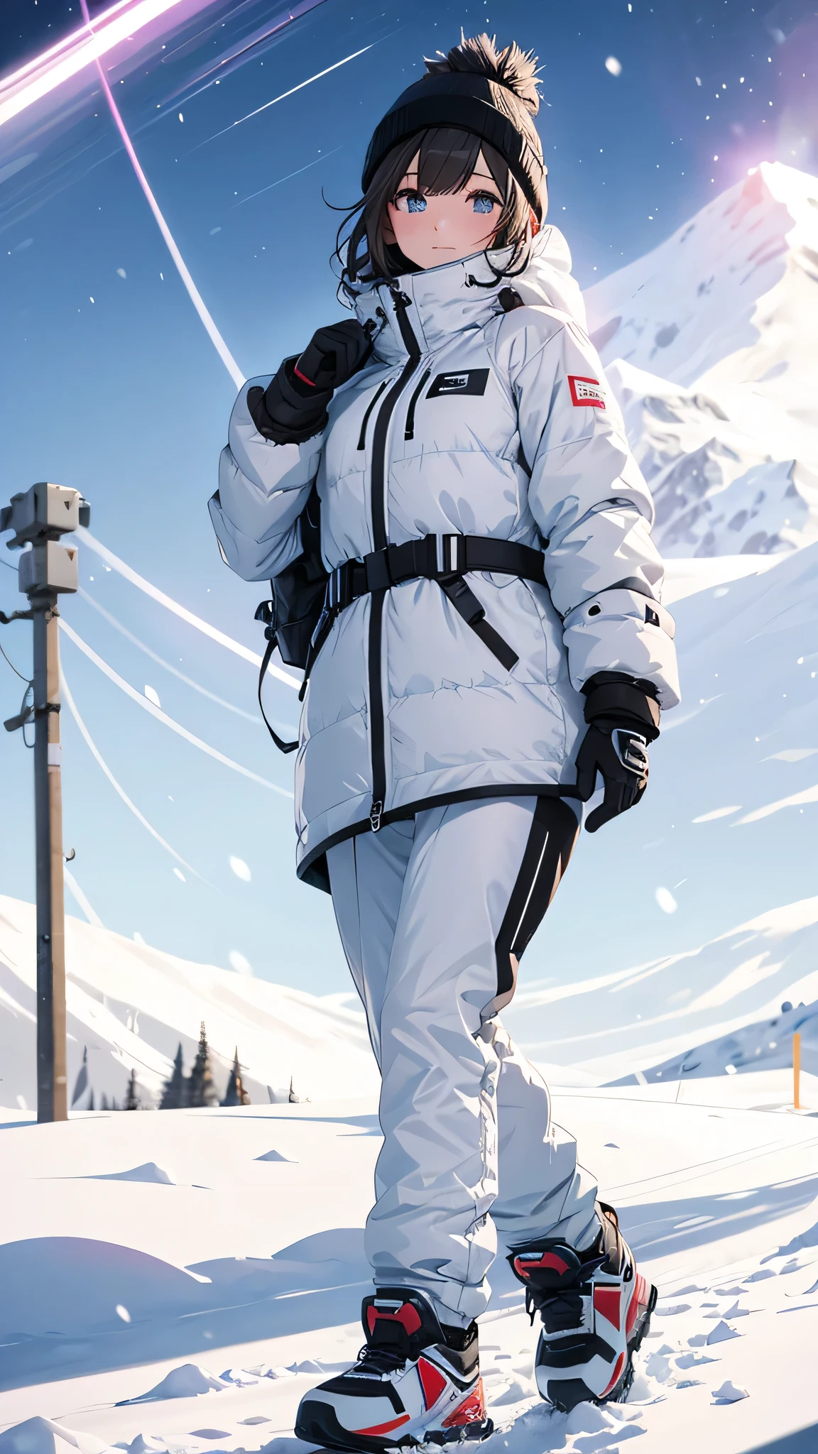 ultra HD, haute  resolution, snowing, snowboard combine, girl wearing  snowboard combine, the girl is standing en haut d une piste d'une montagne enneigée,  girl, snowboard girl, with her snowboard on arms,  anime girl, best rated on pixiv, beautiful lightening, lights effects, many colors, HD, full details, high quality, verry large view, more_details:-1, more_details:0, more_details:0.5, more_details:1, more_details:1.5