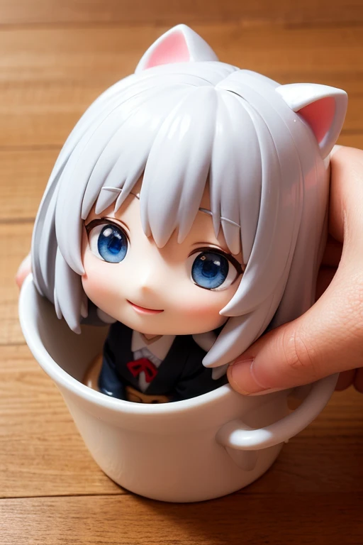 Close-up of a doll placed on a wooden floor, Anime girl with white hair and blue eyes, White cat lady,Yoshitomo Nara, style as Nendoroid, aoshima chiho, Nendoroid,inspired by Nara Yoshitomo, Nendoroid 3 d, Cute porcelain doll, good smile company anime style, chihiro! fujisaki