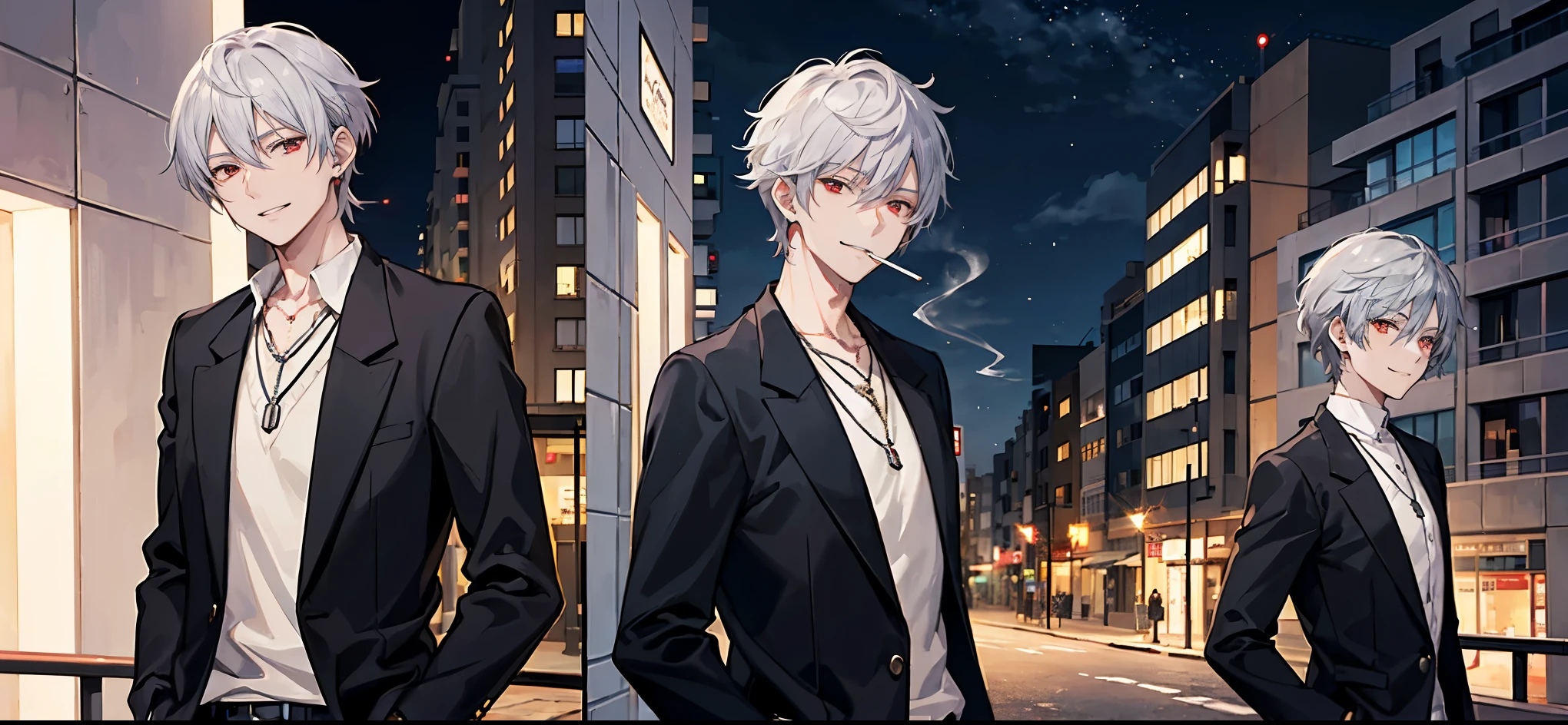High resolution, high resolution,2D Anime Style,,Cool guy,Mature look,,20th Generation,Short Hair,Silver Hair,Red eyes,Beautiful watch,Beautiful earrings,Beautiful necklace,Formal Dark Fashion,He is smiling a little,night,walking,Put your hands in your pockets,Smoking a cigarette,Holding a cigarette
