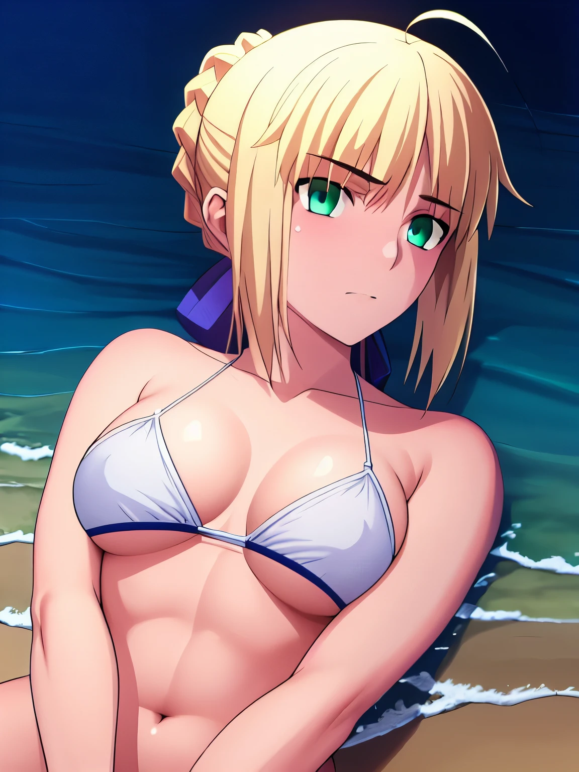 Best_quality, masterpiece, highres, detailed, detailed_background, ray_tracing_graphic, solo, adult_female, {saber_fatestaynightufotable:1.15}, blonde_hair, little_ahoge, detailed_green_eyes, blue_ribbon, 1girl, anime_coloring, detailed_face, kuudere_face, five_fingers, blush, large_breasts, official_white_bikini, blue_straps from_the_front, lying, beach, night_time, looking_at_viewer, oily_skin, sixpack_abs, detailed_skin, detailed_texture