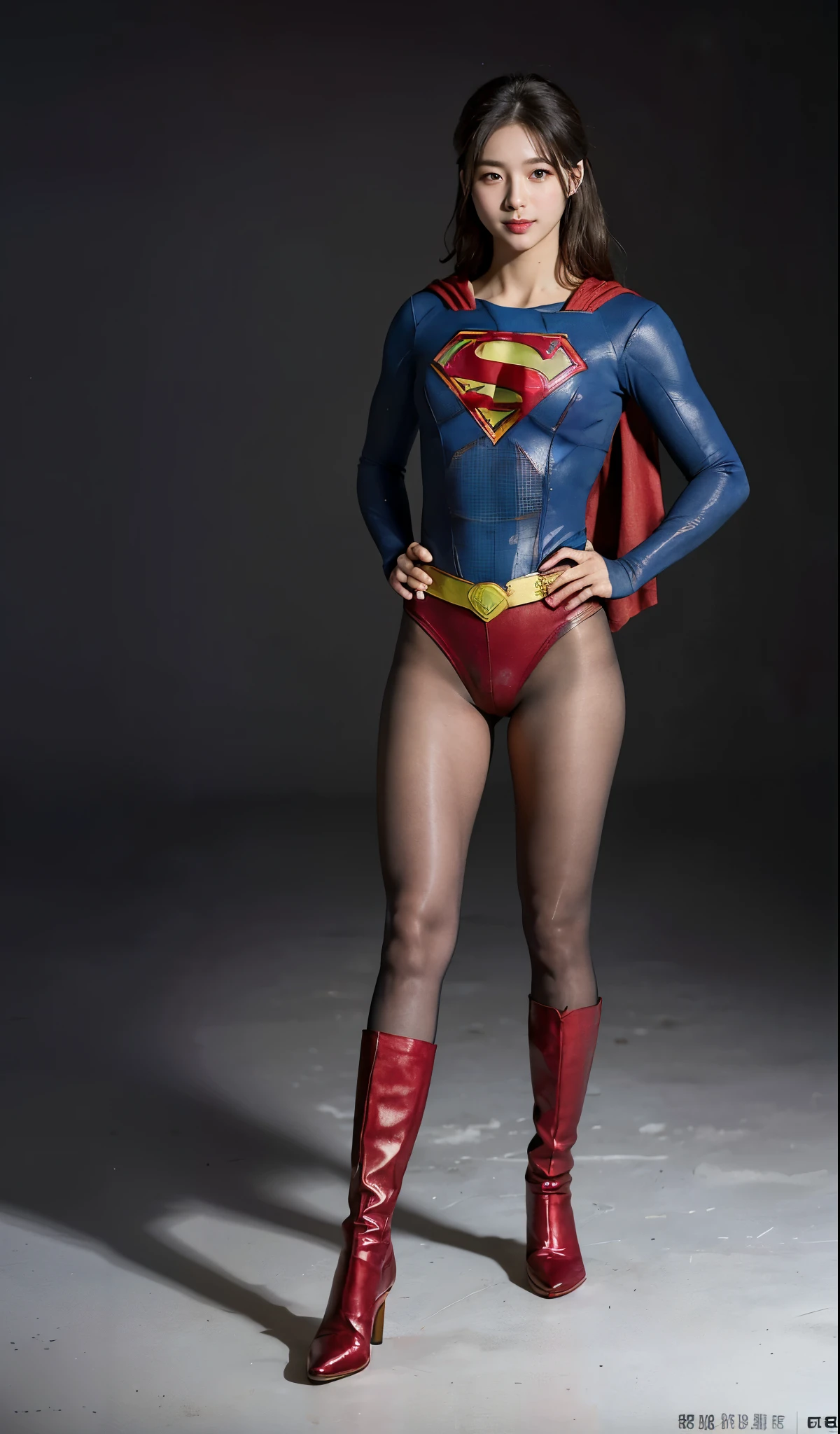 No background、(((Beautiful legs in black tights.)))、(((Legally express the beauty of your smile)))、((((Make the most of your original images)))、(((Supergirl Costume)))、(((Beautiful boyish hairstyle)))、(((suffering)))、(((Please wear black tights....、Wear red boots)))、((Best image quality、8k))、((highest quality、8k、masterpiece:1.3))、(((Preserve background )))、Sharp focus:1.2、Beautiful woman with perfect figure:1.4、Slim Abs:1.2、Wet body:1.5、Highly detailed face and skin texture、8k