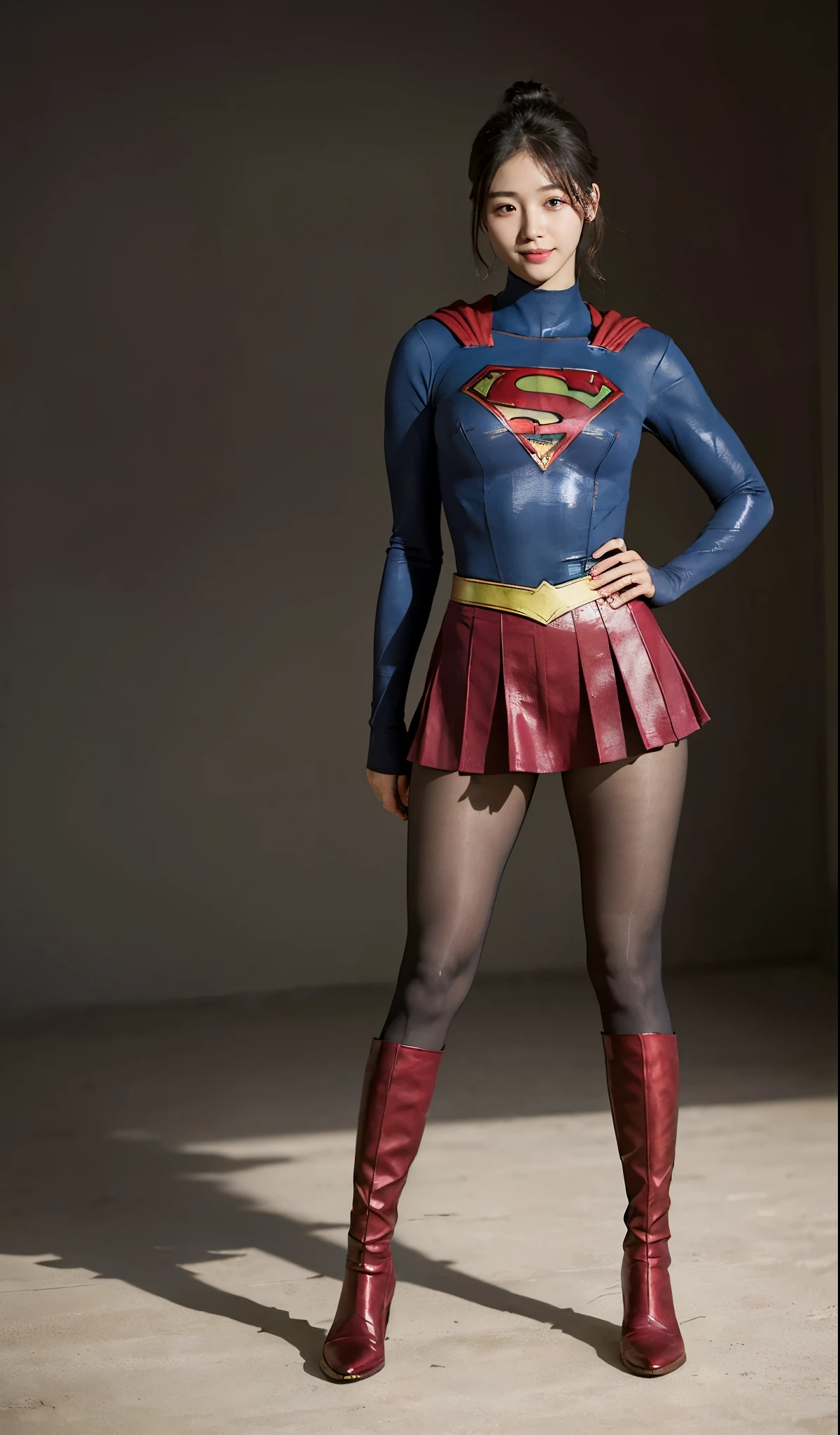 No background、(((Beautiful legs in black tights.)))、(((Legally express the beauty of your smile)))、((((Make the most of your original images)))、(((Supergirl Costume)))、(((Beautiful boyish hairstyle)))、(((suffering)))、(((Please wear black tights....、Wear red boots)))、((Best image quality、8k))、((highest quality、8k、masterpiece:1.3))、(((Preserve background )))、Sharp focus:1.2、Beautiful woman with perfect figure:1.4、Slim Abs:1.2、Wet body:1.5、Highly detailed face and skin texture、8k