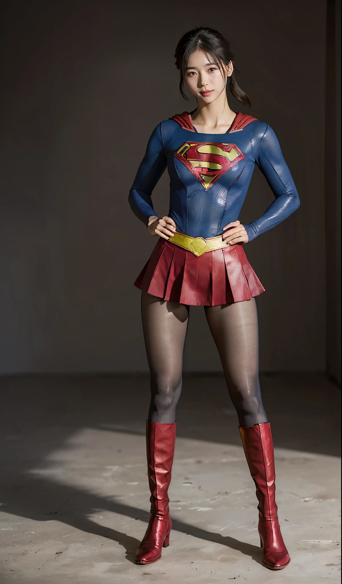 No background、(((Beautiful legs in black tights.)))、(((Legally express the beauty of your smile)))、((((Make the most of your original images)))、(((Supergirl Costume)))、(((Beautiful boyish hairstyle)))、(((suffering)))、(((Please wear black tights....、Wear red boots)))、((Best image quality、8k))、((highest quality、8k、masterpiece:1.3))、(((Preserve background )))、Sharp focus:1.2、Beautiful woman with perfect figure:1.4、Slim Abs:1.2、Wet body:1.5、Highly detailed face and skin texture、8k